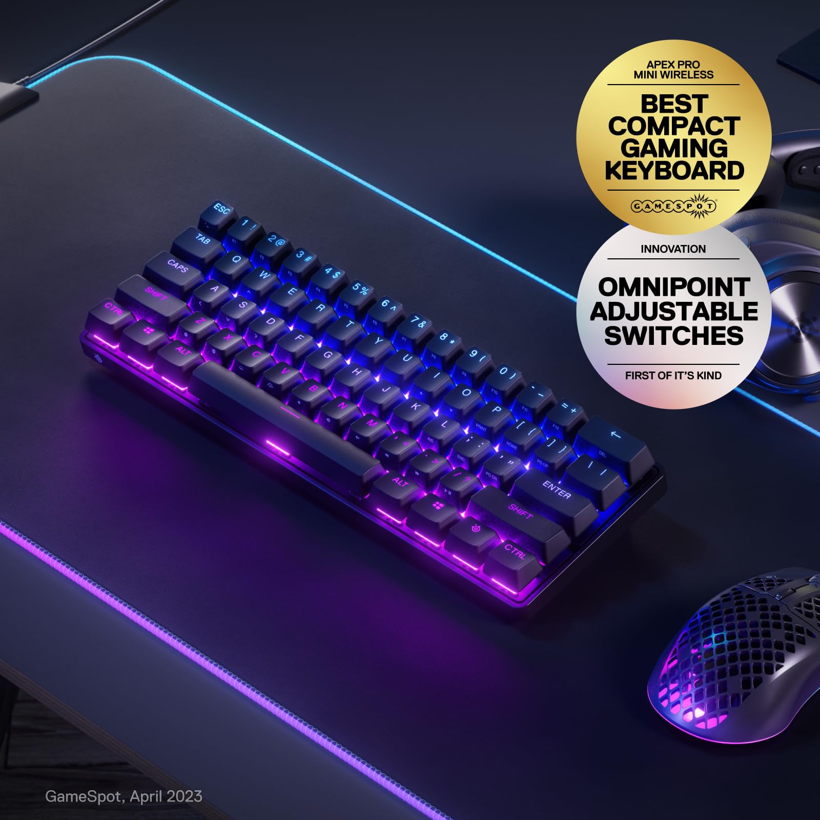 SteelSeries Apex Pro Mini Wireless HyperMagnetic Gaming Keyboard - World's Fastest 60% Compact Mechanical Keyboard with Adjustable Actuation, RGB Backlighting, Bluetooth & 2.4GHz Wireless, USB-C - AZERTY Layout - Perfect for Esports, Streaming & Office Work