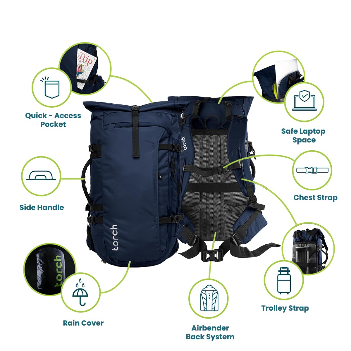 Torch Men's 45L Expandable Travel Backpack - Carry On Airplane Approved Backpack Fits 17 Inch Laptop with Rain Cover - Fujisawa Navy | Perfect for Business Trips, Weekend Getaways & Outdoor Adventures