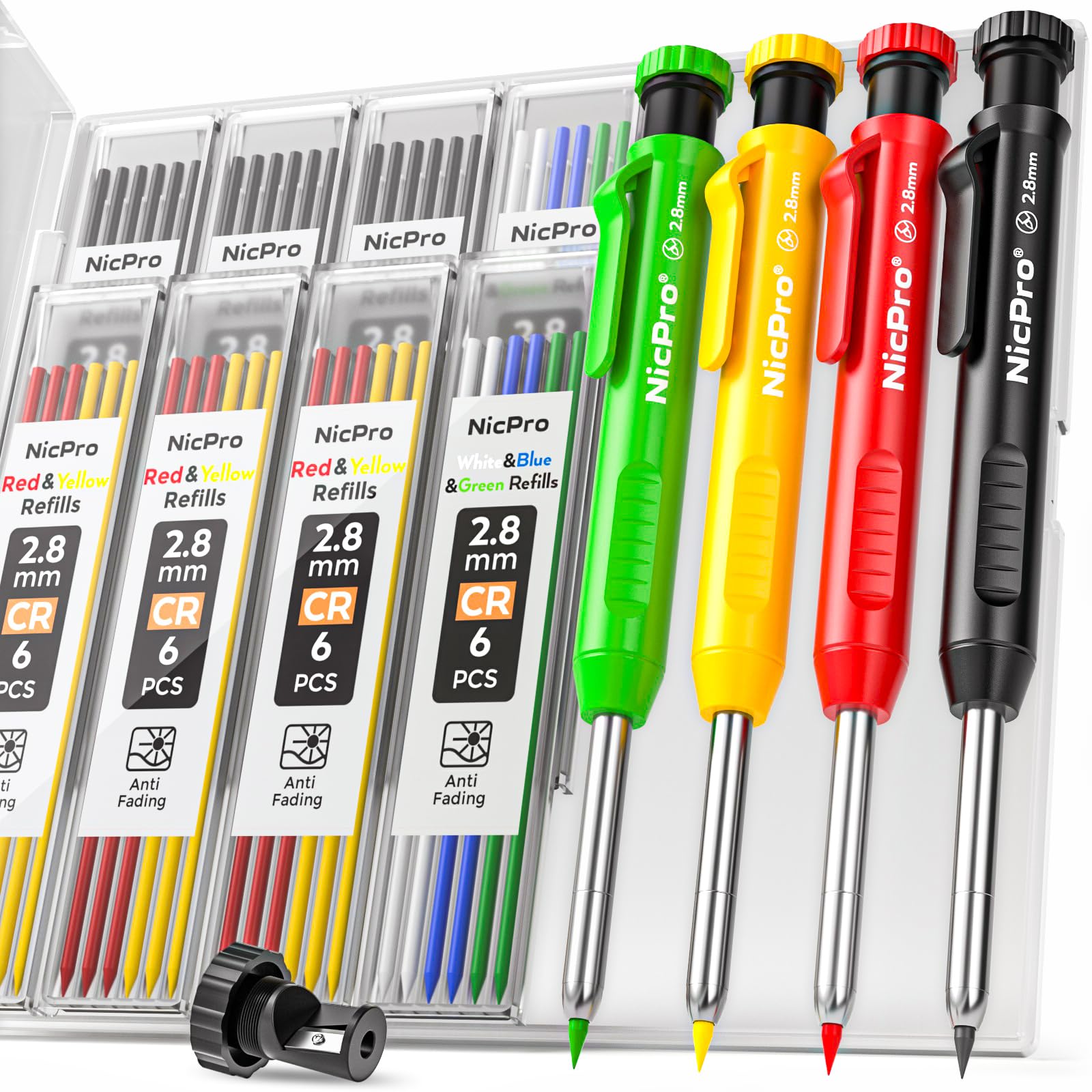 Nicpro 4 Pack Carpenter Pencils with Sharpener - Heavy Duty Mechanical Woodworking Pencils with 52 Refills for Architects, Builders & Contractors (Red, Black, Yellow, Blue) - Perfect for Construction Sites, Woodworking Projects & Drafting