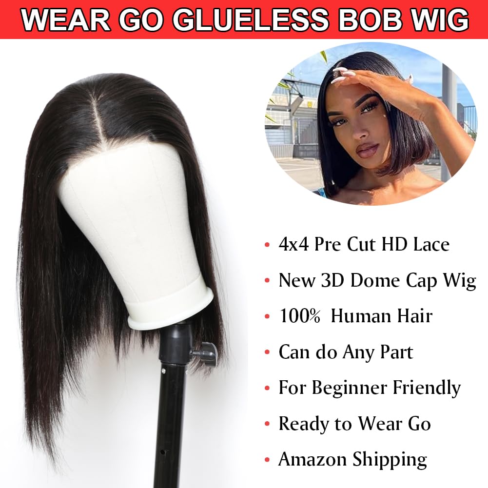 V SHOW Glueless Bob Wigs Human Hair - Pre Plucked HD Lace Front Wig 10 Inch 180% Density | No Glue Needed, Wear & Go | Perfect for Beginners, Daily Wear & Cosplay | Natural Look for Work, Parties & Special Occasions
