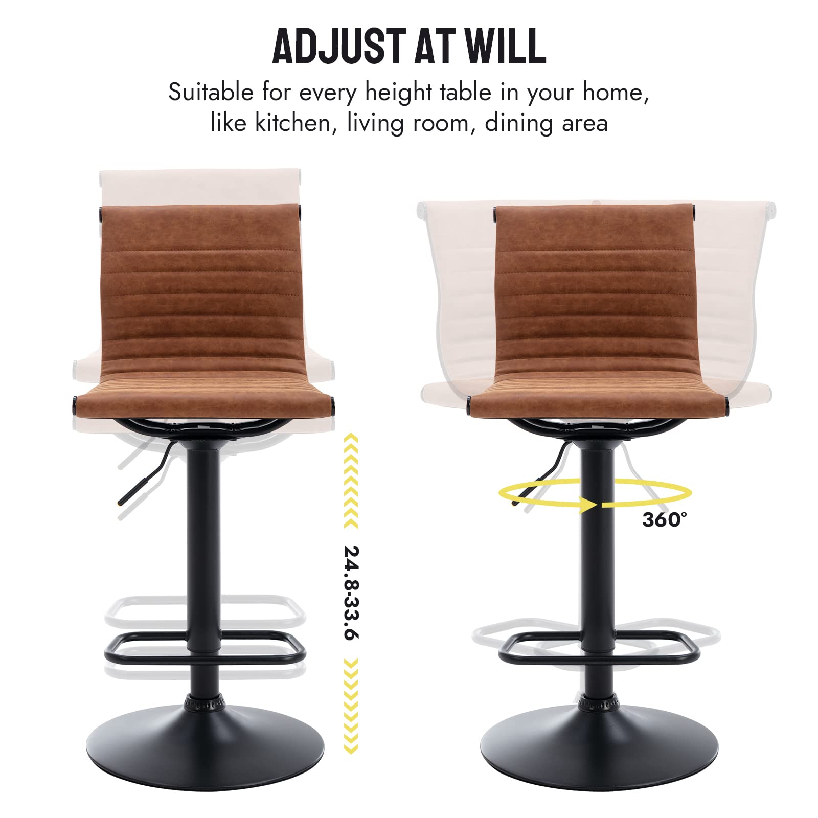 Modern Adjustable Height Metal Bar Stools Set of 2 - Brown PU Leather Armless Counter Stools with Black Base for Kitchen Island, Bar & Dining Room | Perfect for Breakfast Nook, Home Bar & Entertainment Areas
