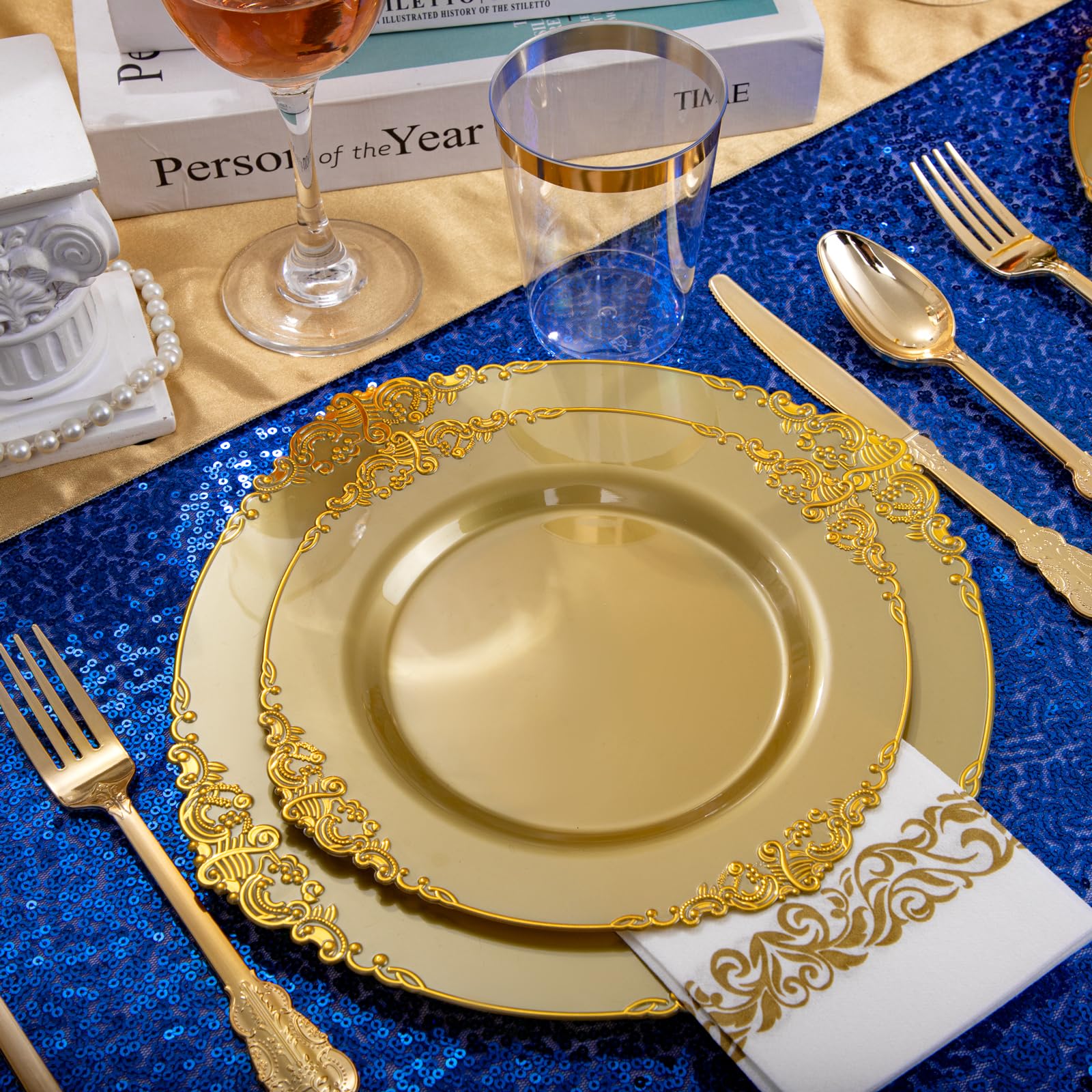 Morejoy 175PCS Elegant Gold Plastic Plates Set with Gold Rim - Disposable Dinnerware Includes 25 Dinner Plates, 25 Dessert Plates, 25 Cutlery Sets, 25 Napkins - Perfect for Wedding, Birthday Party, Baby Shower & Holiday Celebrations