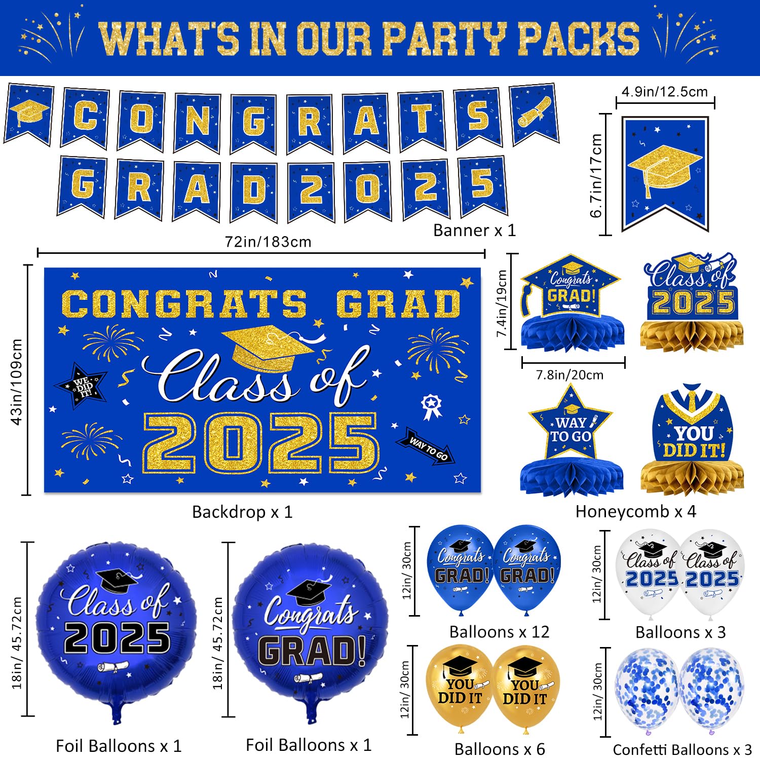 2025 Graduation Decorations Set - Blue & Gold Congrats Grad Banner, Backdrop, Hanging Swirls, Balloons & Honeycomb Centerpieces for Graduation Party | Perfect for High School & College Graduation Celebrations, Photo Backdrops & Party Decor