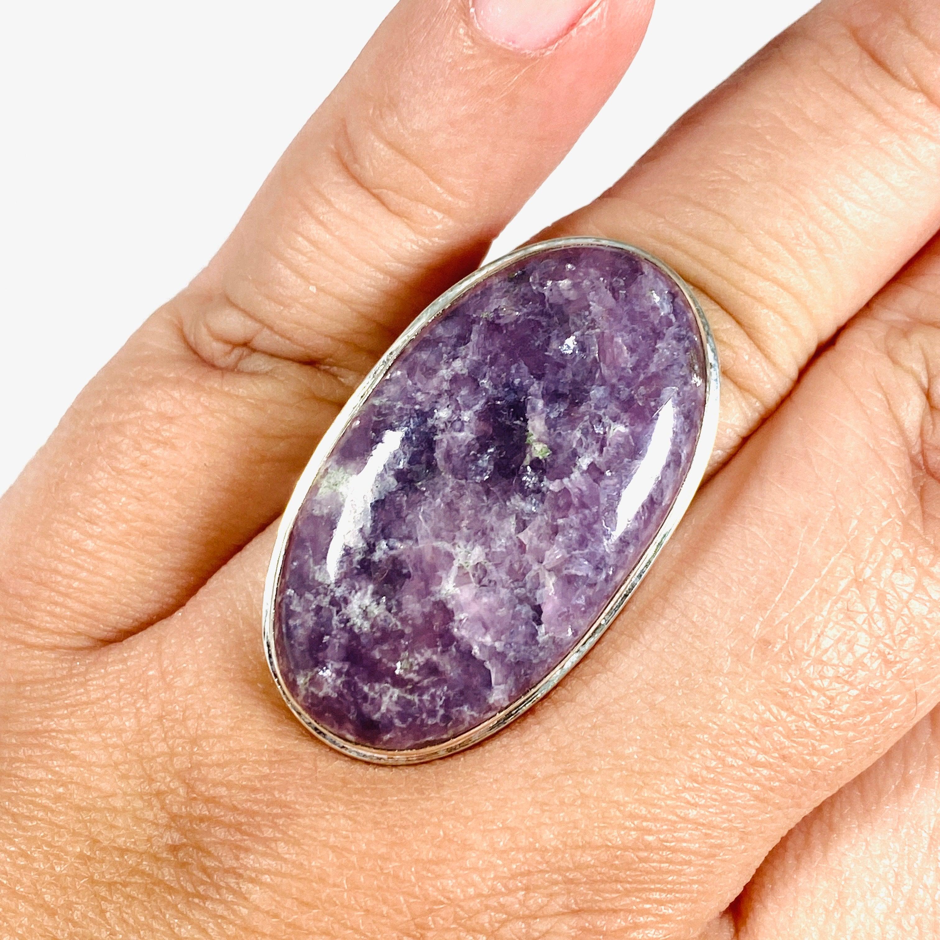 Lepidolite Oval Ring Size 10 for Women - Natural Stone Healing Jewelry for Stress Relief & Emotional Balance - Perfect for Meditation, Yoga & Spiritual Practices KRGJ3072