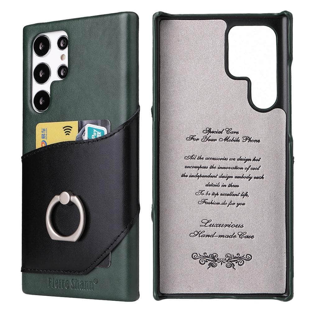 Premium Genuine Leather Back Cover with Metal Ring & Card Pocket for Samsung Galaxy S22 Ultra - Stylish Protection for Everyday Use & Travel