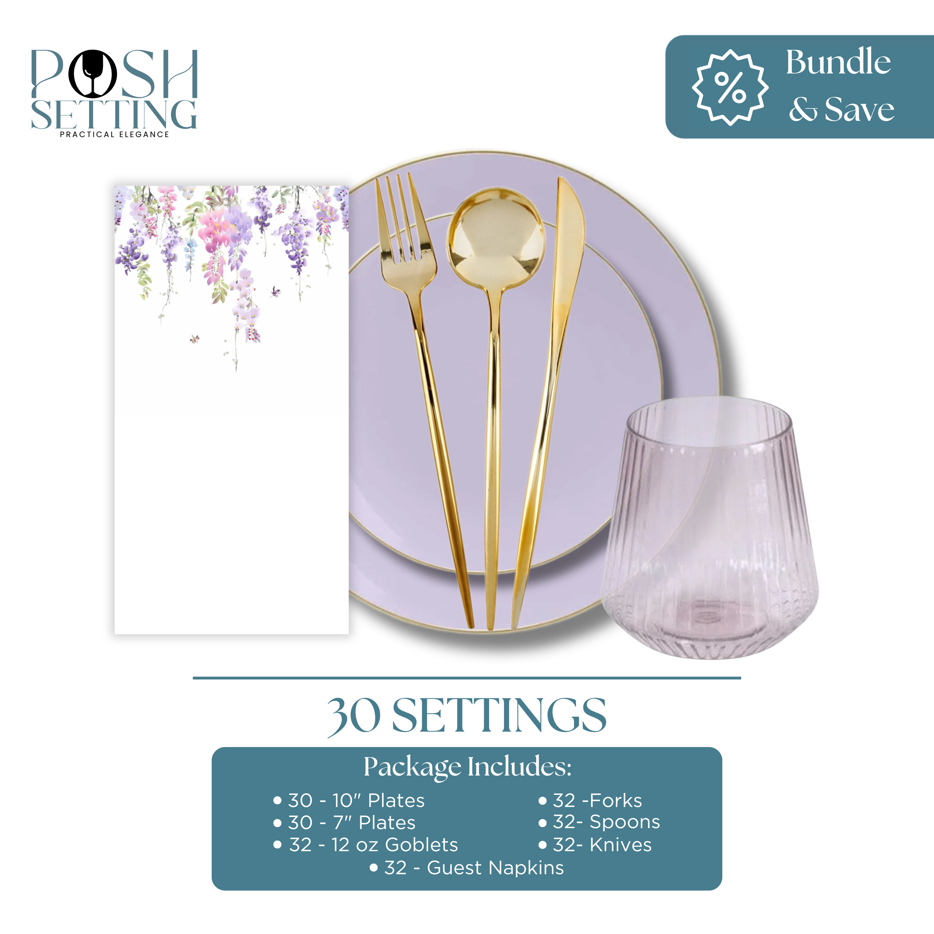 Lavender and Gold Disposable Plastic Party Supplies Set - Elegant Deluxe Party Decorations Bundle for Weddings, Baby Showers & Birthday Celebrations - Eco-Friendly & Organic Party Essentials