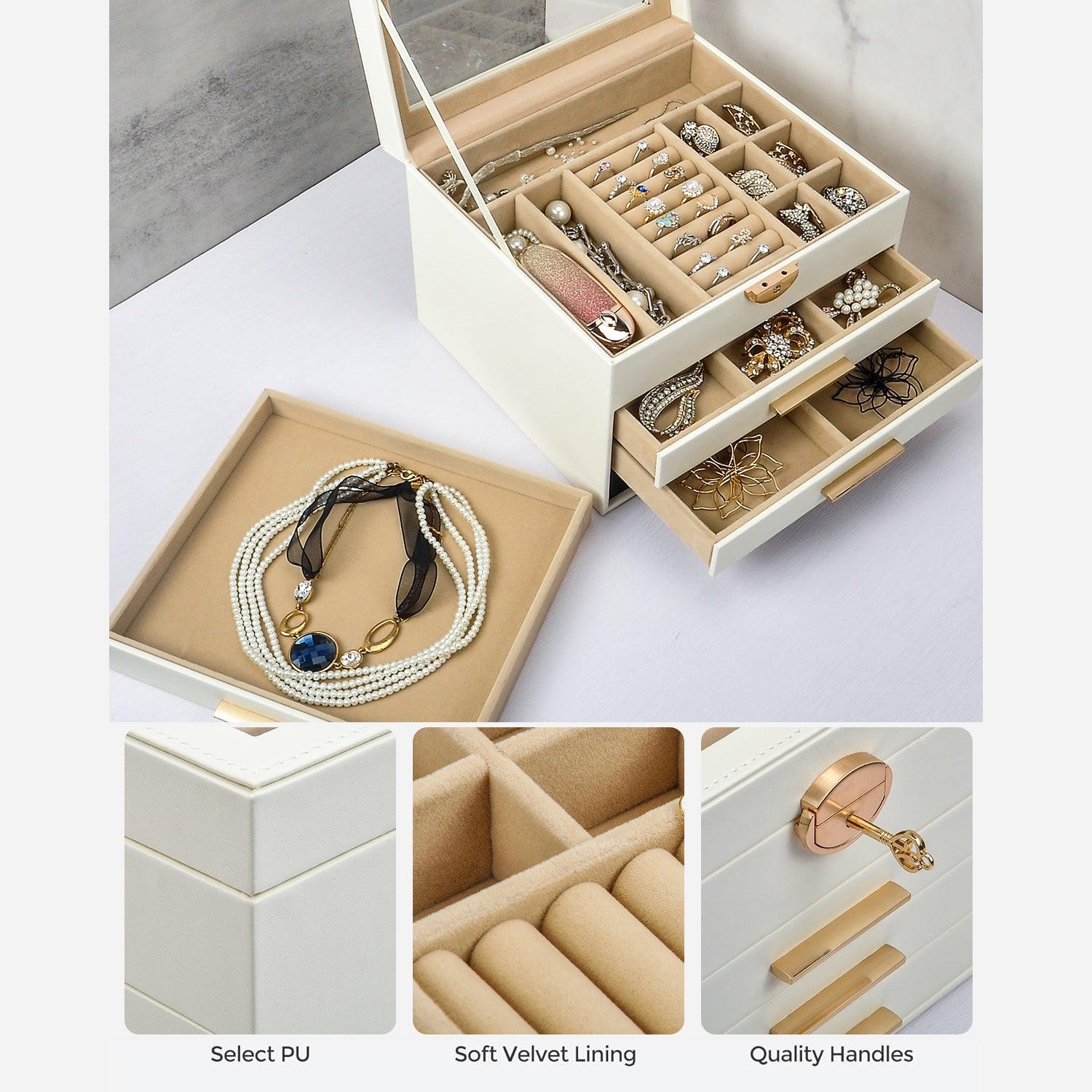 Elegant Jewelry Box Organizer for Women - 4 Layer Jewelry Storage with 3 Drawers | Perfect for Necklace, Ring & Earring Organization at Home, Travel or Gift Giving