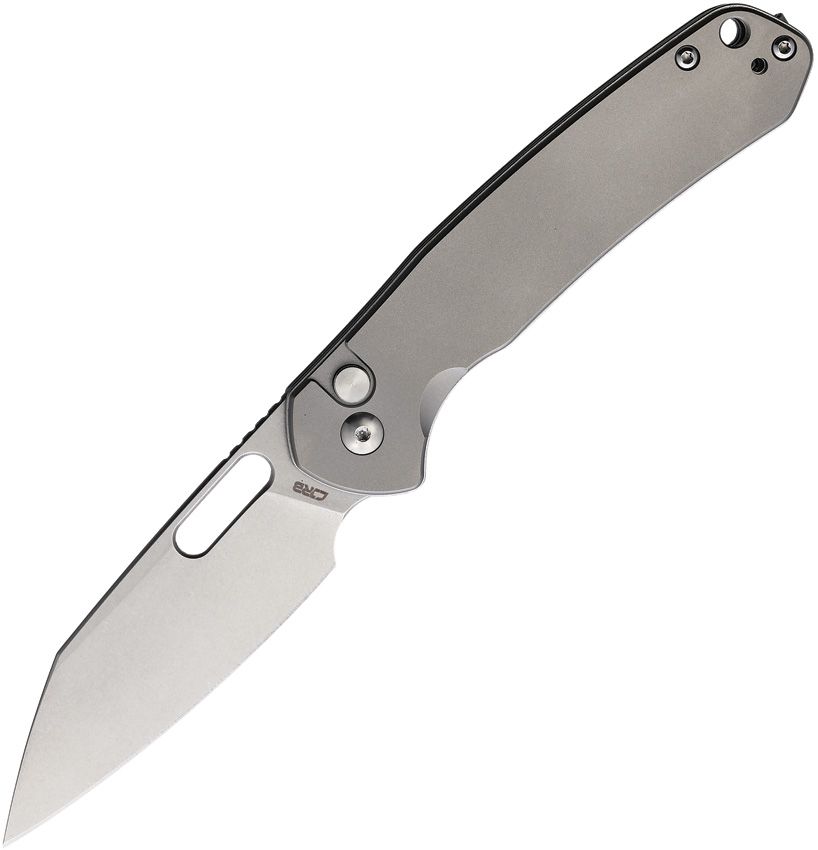CJRB Pyrite Button Lock Folding Knife - Stonewash Blade & Titanium Handles - EDC Pocket Knife for Outdoor, Camping, and Everyday Carry