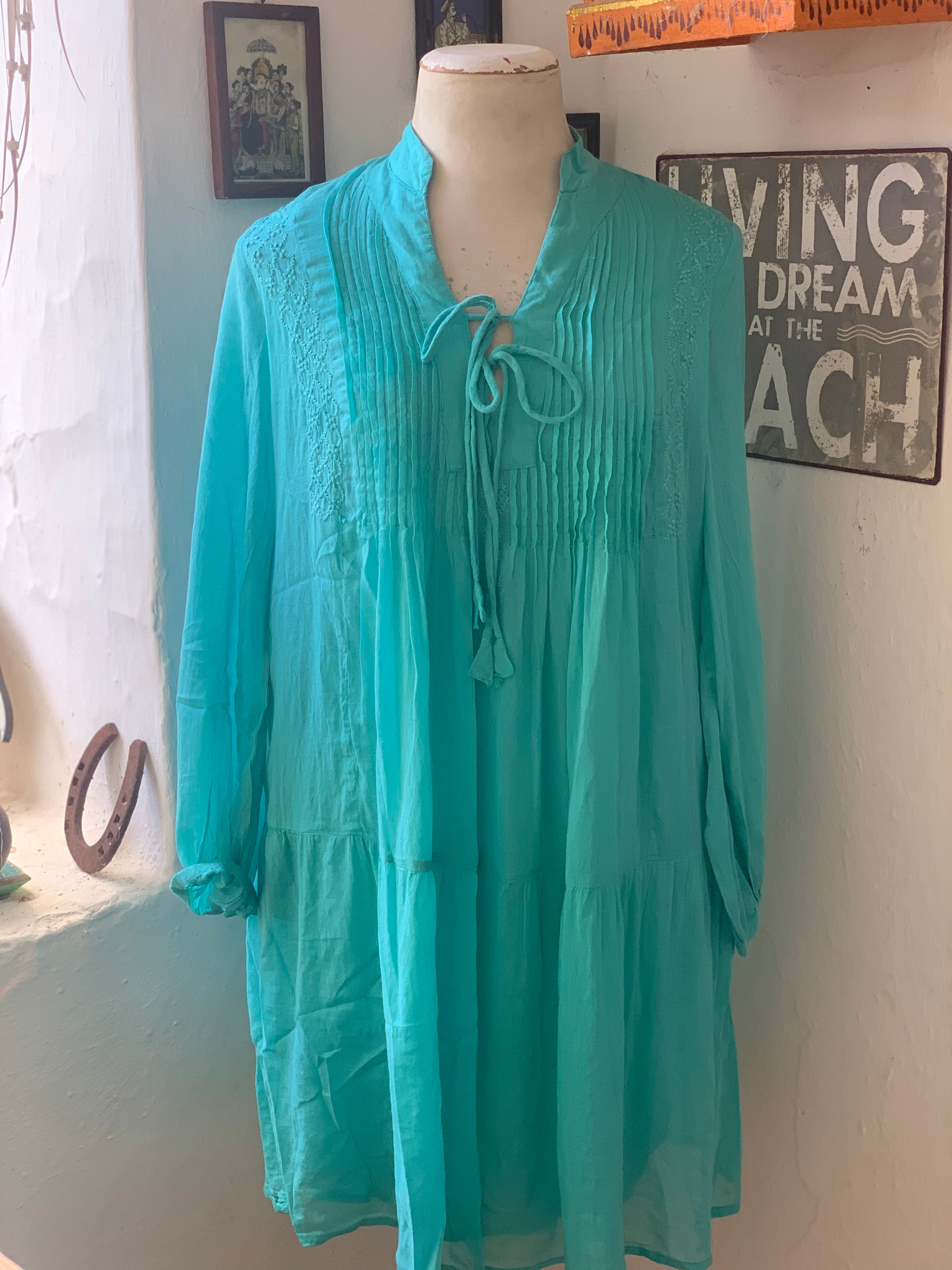 Simram Turquoise Tunic Top for Women - Boho Chic Loose Fit Blouse with Embroidery Details | Perfect for Casual Wear, Beach Cover-Up & Summer Outfits
