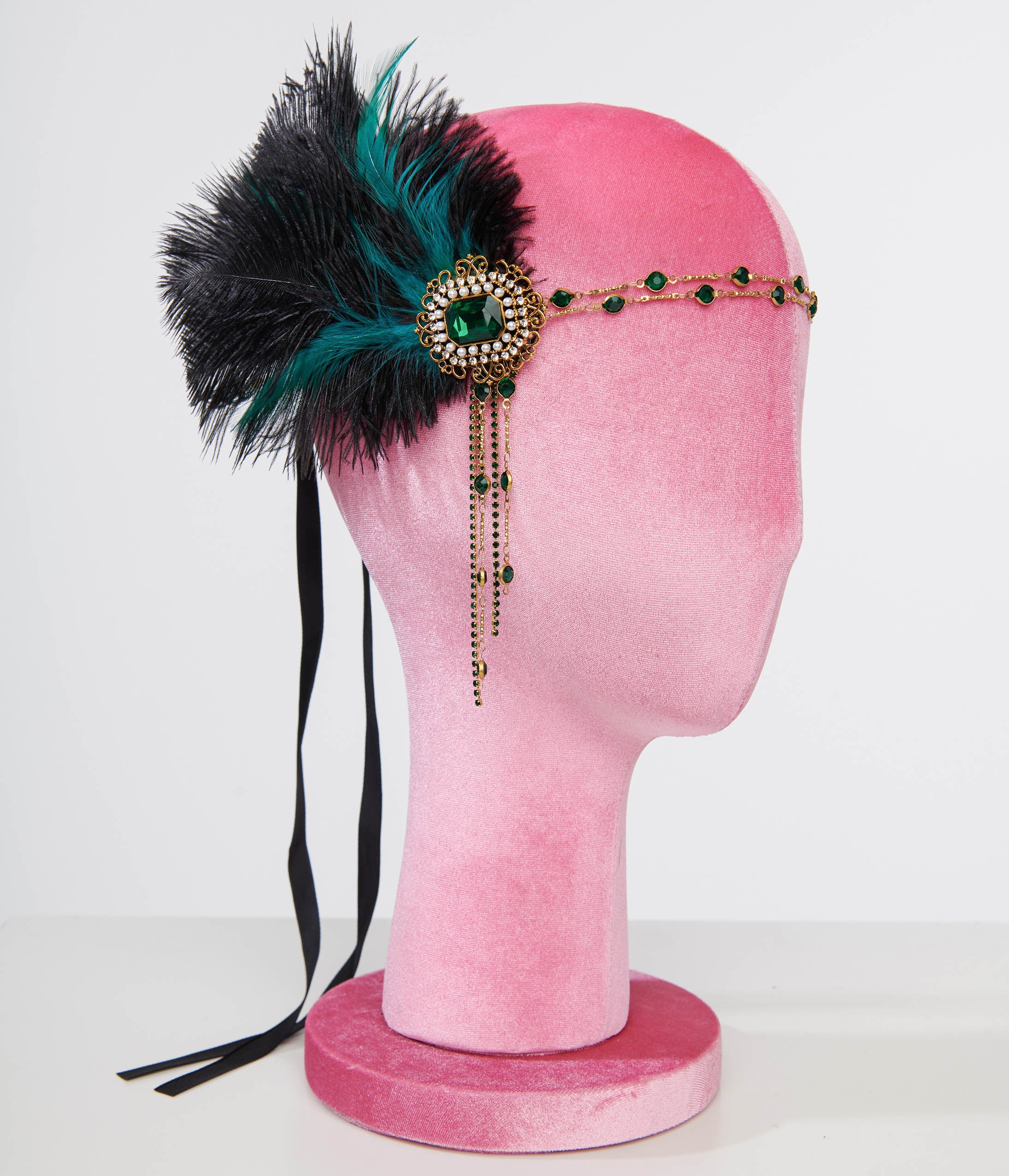 Vintage 1920s Black Feather & Emerald Rhinestone Headband - Roaring 20s Gatsby Flapper Headpiece for Costume Parties, Weddings, and Themed Events
