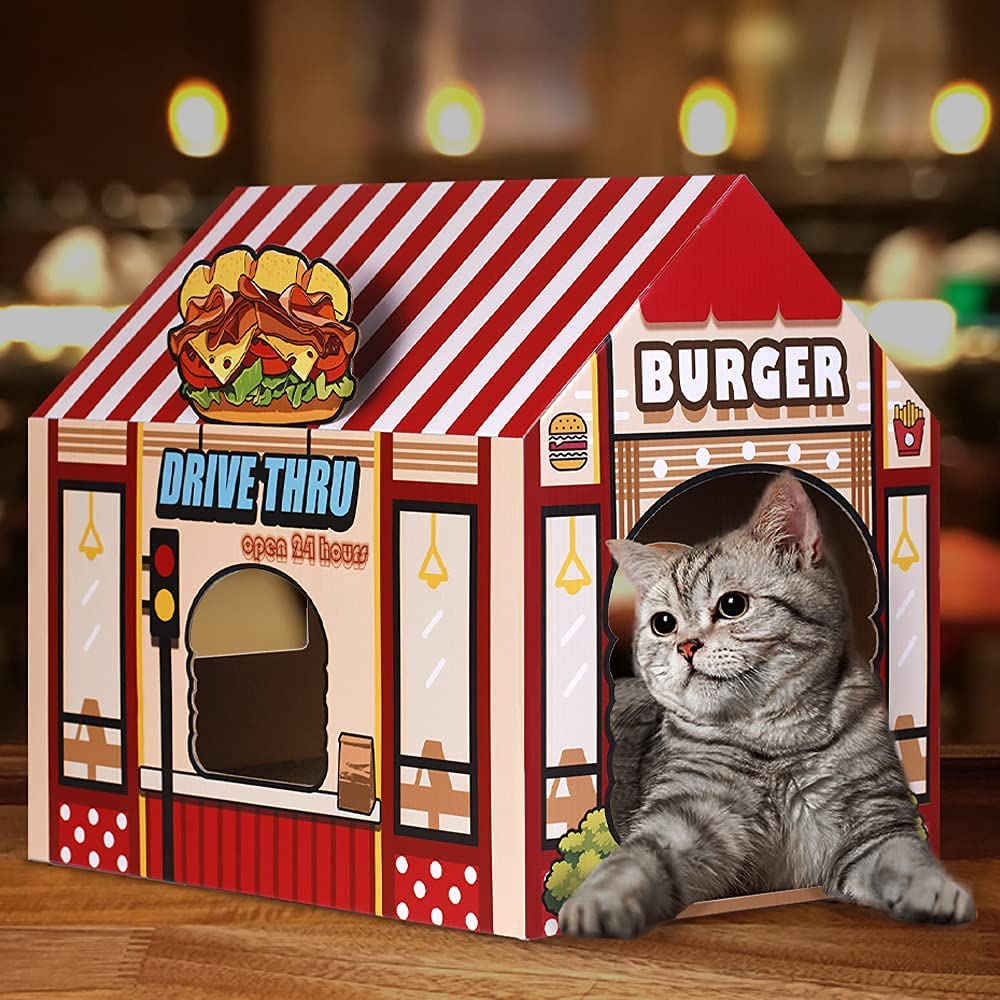 Premium Cardboard Cat House with Scratching Pad & Catnip - Cozy Indoor Winter Playhouse for Cats - Perfect for Small Spaces & Playtime Enrichment