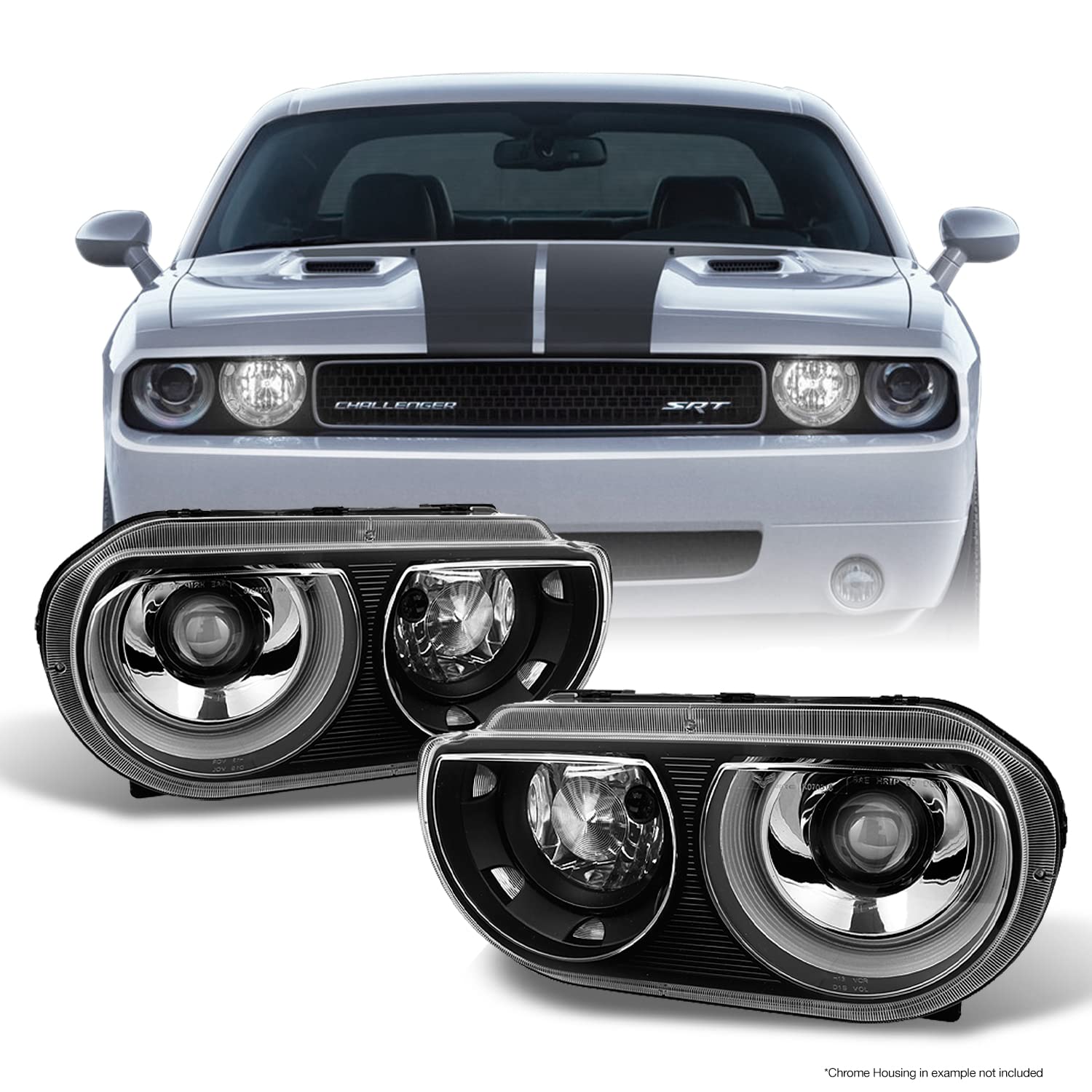 AKKON Replacement HID Xenon Projector Headlights for Dodge Challenger - Black OE Style Left & Right Pair - Upgrade Night Driving Visibility & Style