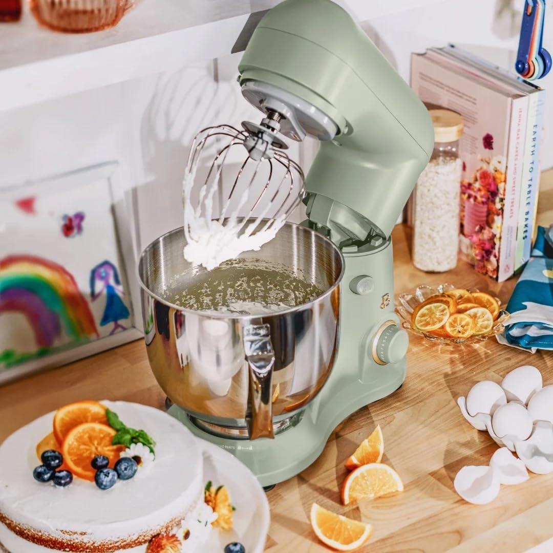 **Drew Barrymore 5.3 Qt Stand Mixer with Tilt-Head - Lightweight, Powerful 300W Motor, 12 Speed Settings - Includes Beater, Whisk, Dough Hook & Splash Guard - Perfect for Baking Cakes, Cookies & Bread (Sage Green)**