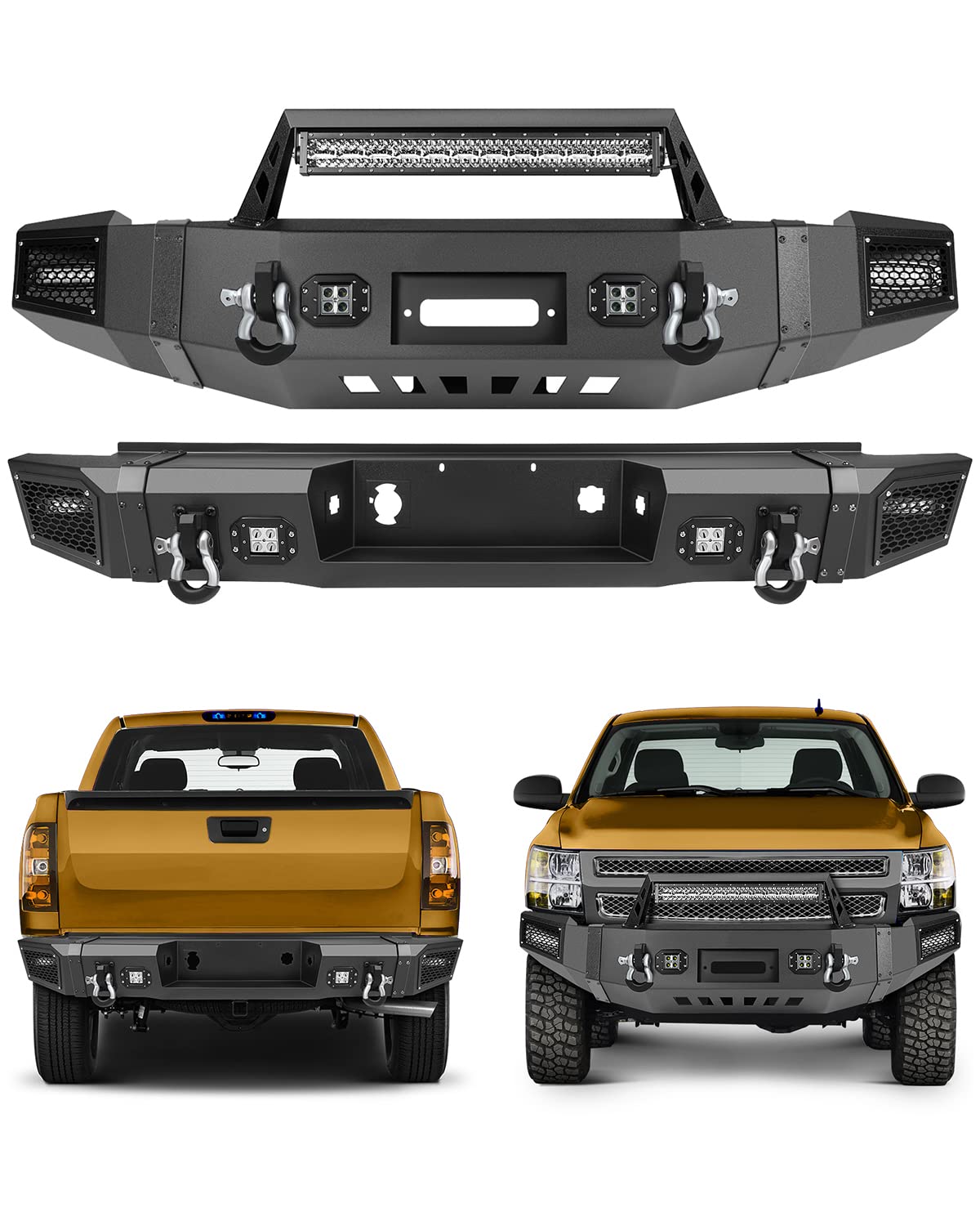 OCPTY Textured Black Front & Rear Bumper with D-Ring for 2007-2013 Chevrolet Silverado 1500 - Heavy Duty Protection for Off-Road & Towing