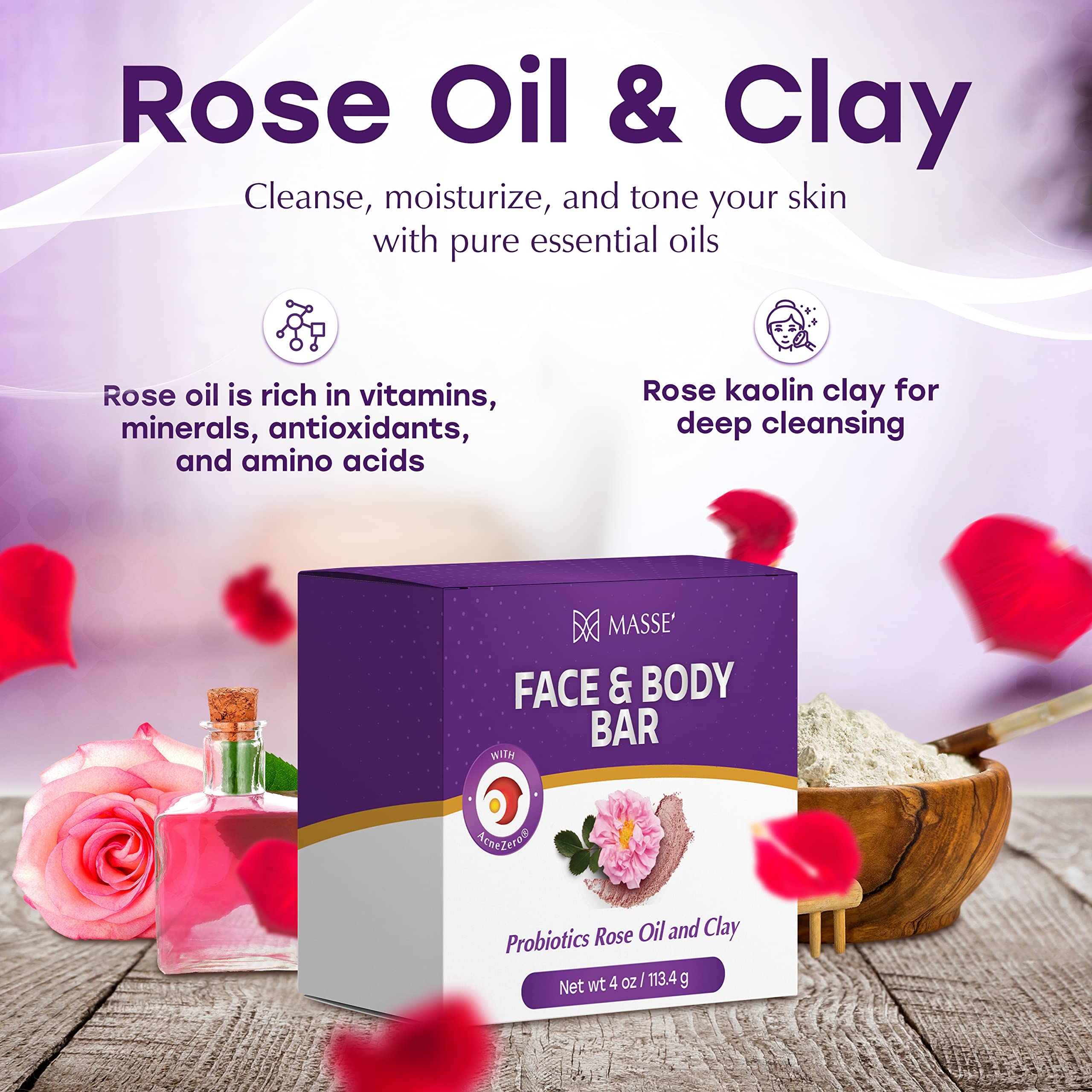 MASSE' Probiotic Face & Body Bar with Rose Oil & Clay - Infused with Coleus & Vitex Berry Extracts for Gentle Cleansing - Ideal for Men & Women - Perfect for Daily Skincare, Bathing & Sensitive Skin Care Routine
