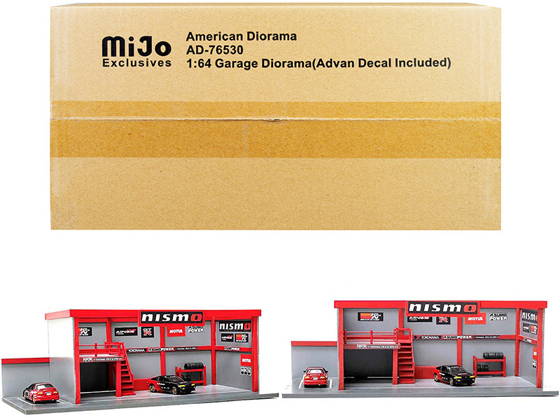 1/64 Scale Garage Diorama with Advan Decals - American Diorama Model Car Display for Collectors & Hobbyists - Perfect for Showcase, Photography & Racing Scenes