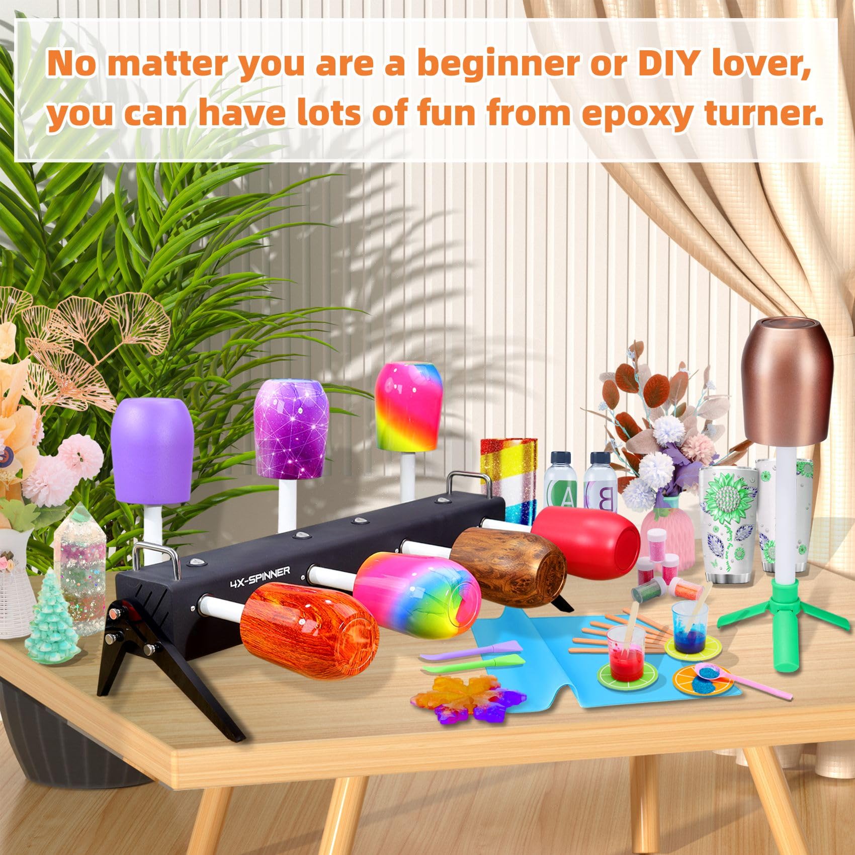 WAQONUY 4-Arm Cup Turner for Tumblers - Multi Tumbler Spinner Machine Kit for DIY Epoxy Tumbler Crafts - Perfect for Resin Coating, Drying & Decorating Projects