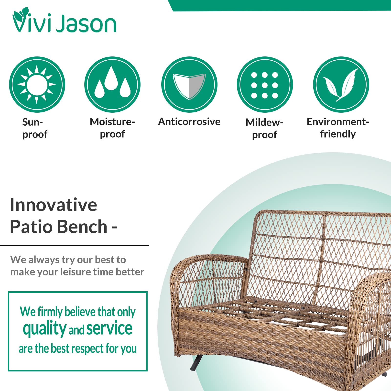 VIVIJASON 2-Piece Outdoor Wicker Loveseat Glider Set with Cushions - Patio Conversation Furniture for Porch, Garden & Poolside - Includes 2-Seater Glider Rocking Bench & Coffee Table - Light Brown - Perfect for Relaxing, Entertaining & Outdoor Lounging