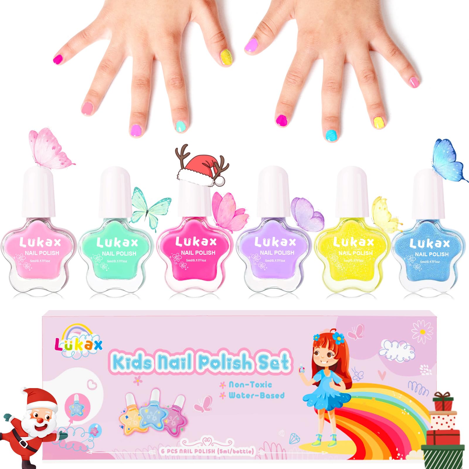 Lukax Non Toxic Kids Nail Polish Set - 6 Water Based Peel Off Colors, Safe Low Odor Nail Polish Kit for Girls & Toddlers | Perfect for Birthday Gifts, Playdates & Pretend Play
