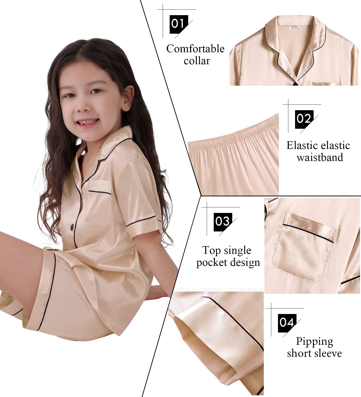 SWOMOG Kids Satin Pajama Set for Girls & Boys - Soft Button-Down Silk Pjs with Short Sleeve, 2-Piece Nightwear & Lounge Outfit - Perfect for Sleepovers, Bedtime & Relaxing at Home