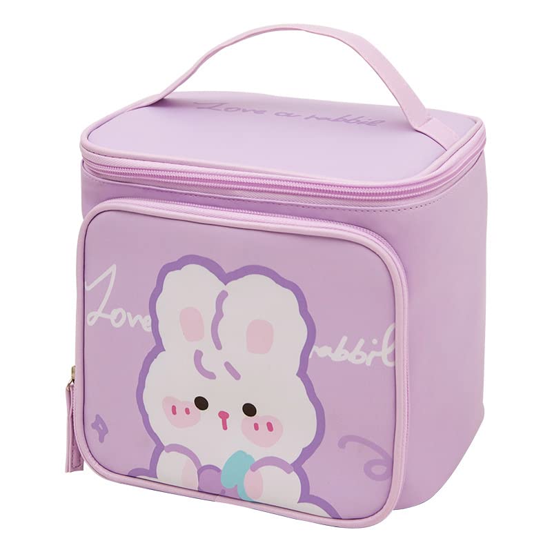 Cute Purple Canvas Makeup Bag with Handle - Travel Toiletry Organizer with Brush Holder - Kawaii Cosmetic Pouch for Teens & Girls - Perfect for School, Gym, Vacation & Daily Essentials Storage