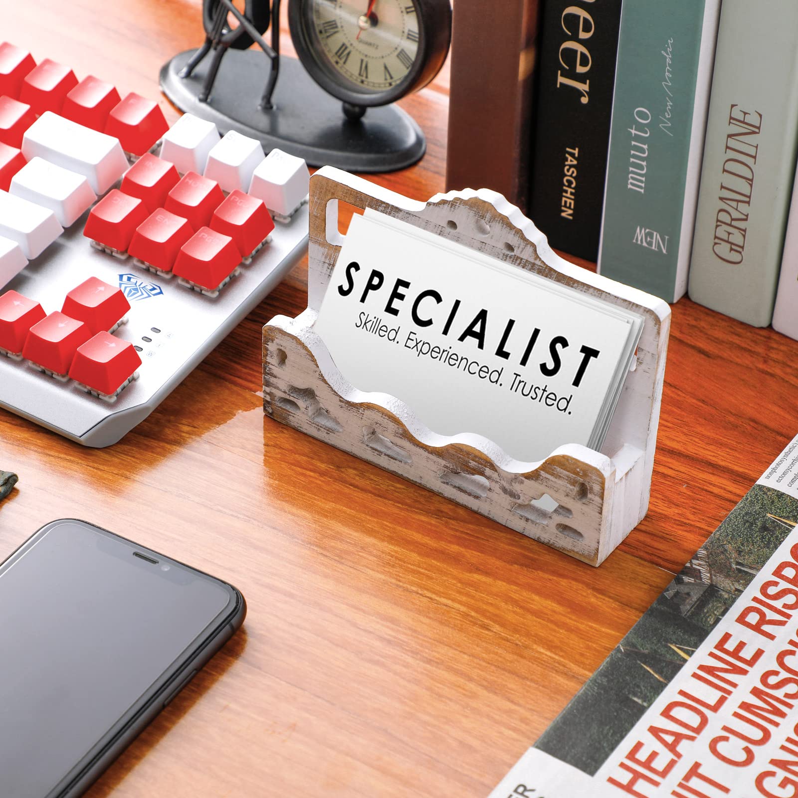 Vintage Wooden Business Card Holder Display - Farmhouse Style Open Card Stand for Home Office, Reception & Trade Shows (2-Pack) - Perfect for Organizing Business Cards on Desks, Counters & Retail Displays