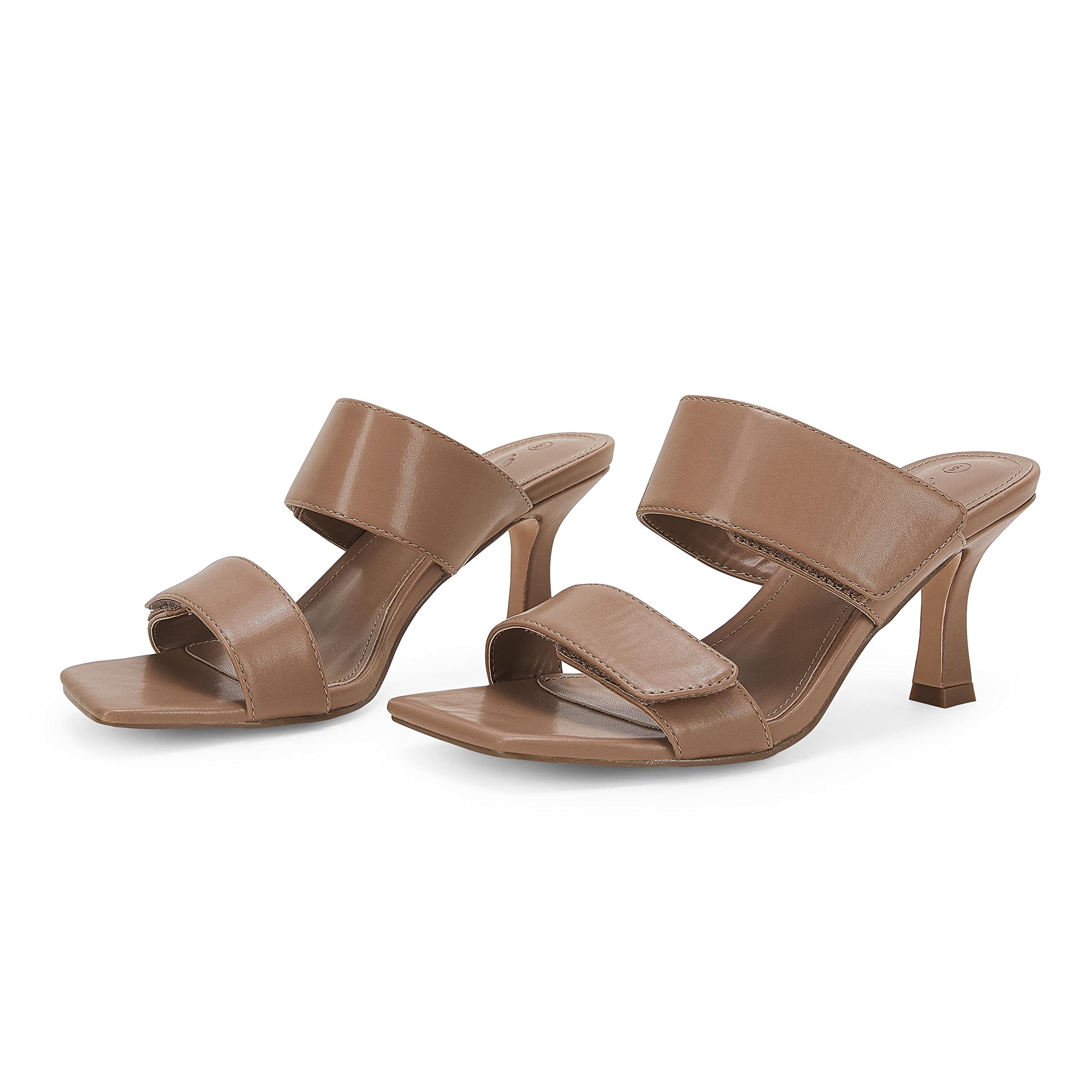 Ermonn Women's Two Strap Heeled Sandals - Slip On Square Open Toe Stiletto Mules with Faux Leather & Backless Design - Perfect for Summer Parties, Weddings & Night Out