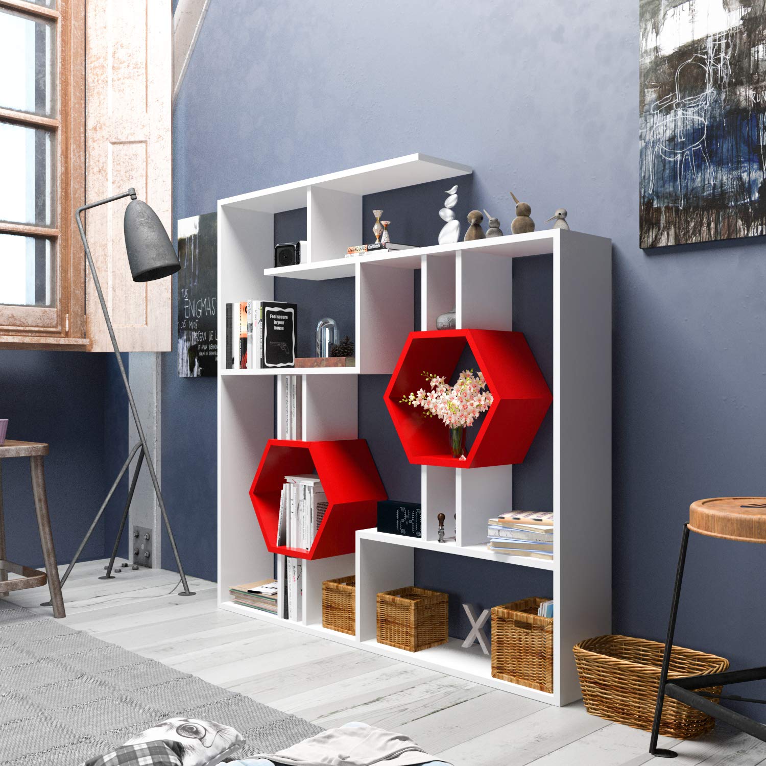 Decorotika Tamara Geometric Bookcase - Modern White & Red Cubic Bookshelf with Storage | Perfect for Living Room, Bedroom & Office Organization