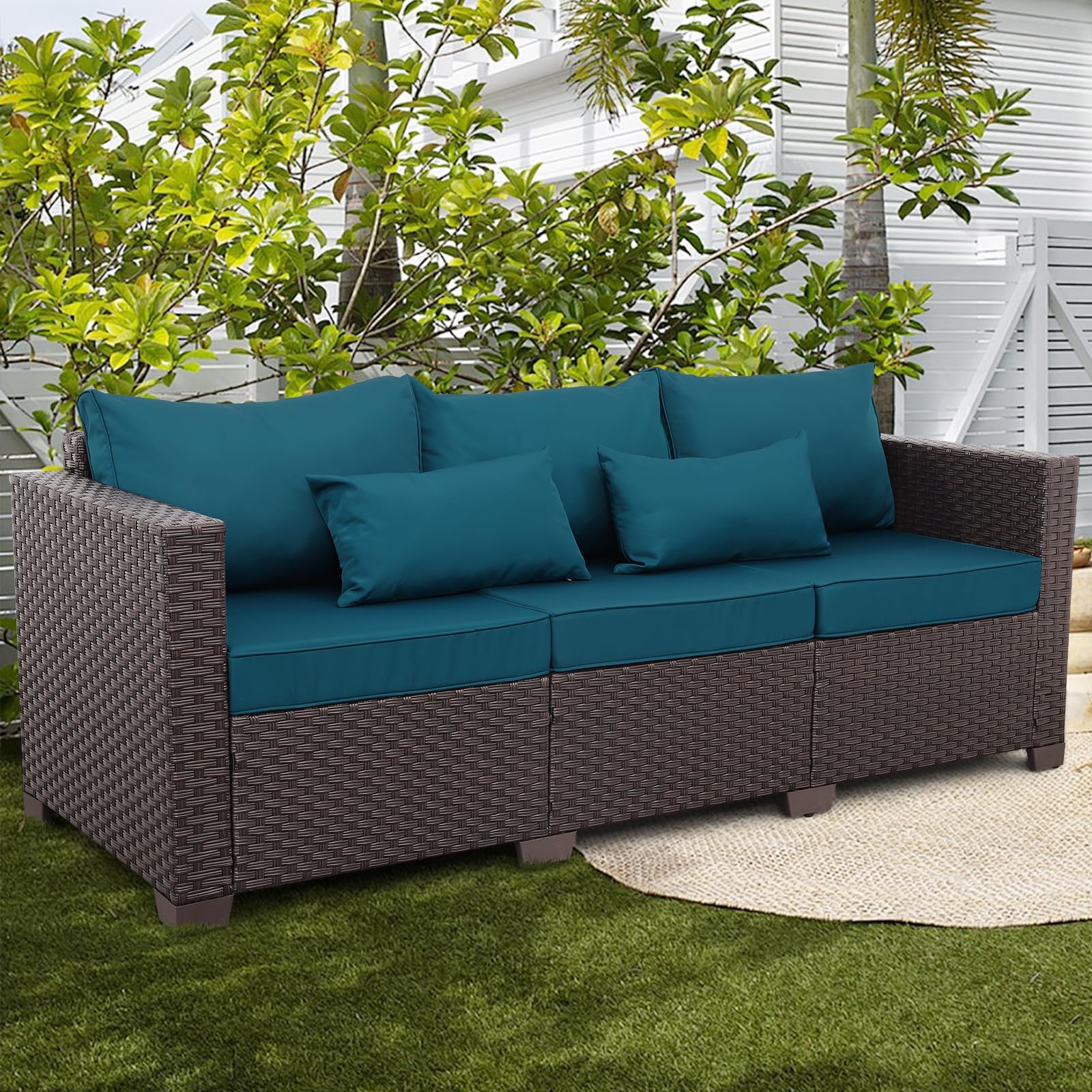 3-Seater Outdoor Sofa with Deep Seat & High Backrest - Waterproof, Non-Slip Cushions & Cover - Peacock Blue - Perfect for Patio, Garden, Poolside & Backyard Relaxation