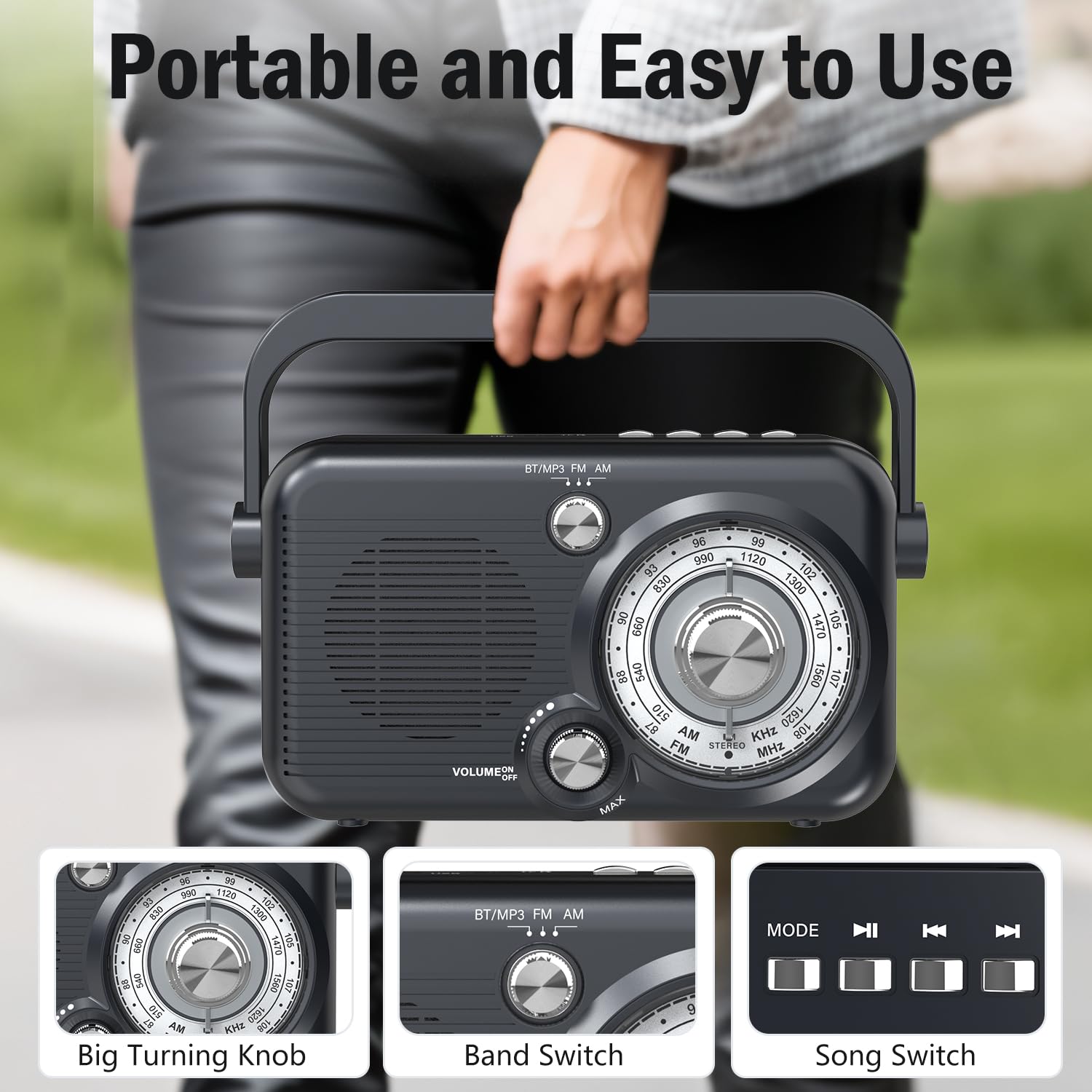 Portable AM FM Radio with Bluetooth, 2000mAh Rechargeable Battery, Best Reception, Supports SD Card & USB MP3 Player, Loud Speaker - Perfect for Camping, Emergencies, and Outdoor Activities