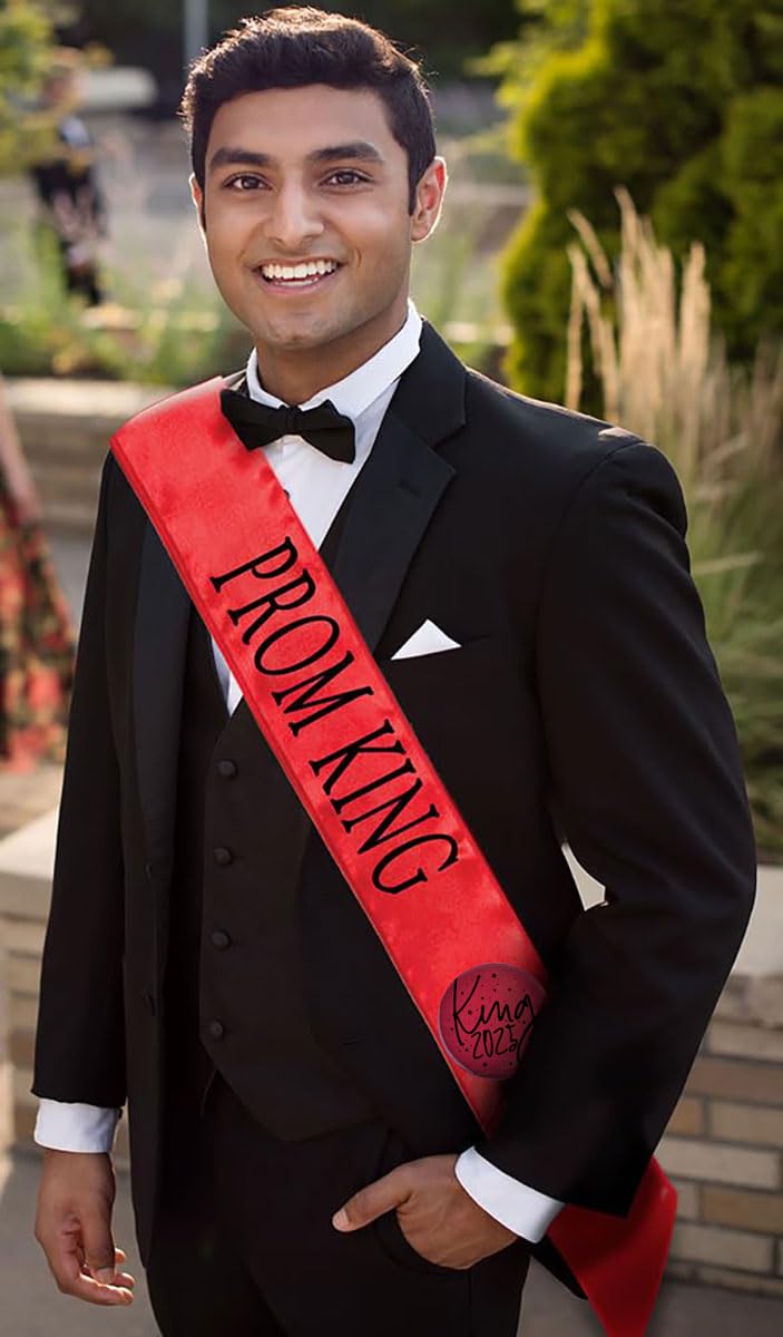 Prom Royalty Set - Sparkling Rhinestone Tiara & King Crown with Sashes & Buttons for Homecoming, Prom Night & Special Events