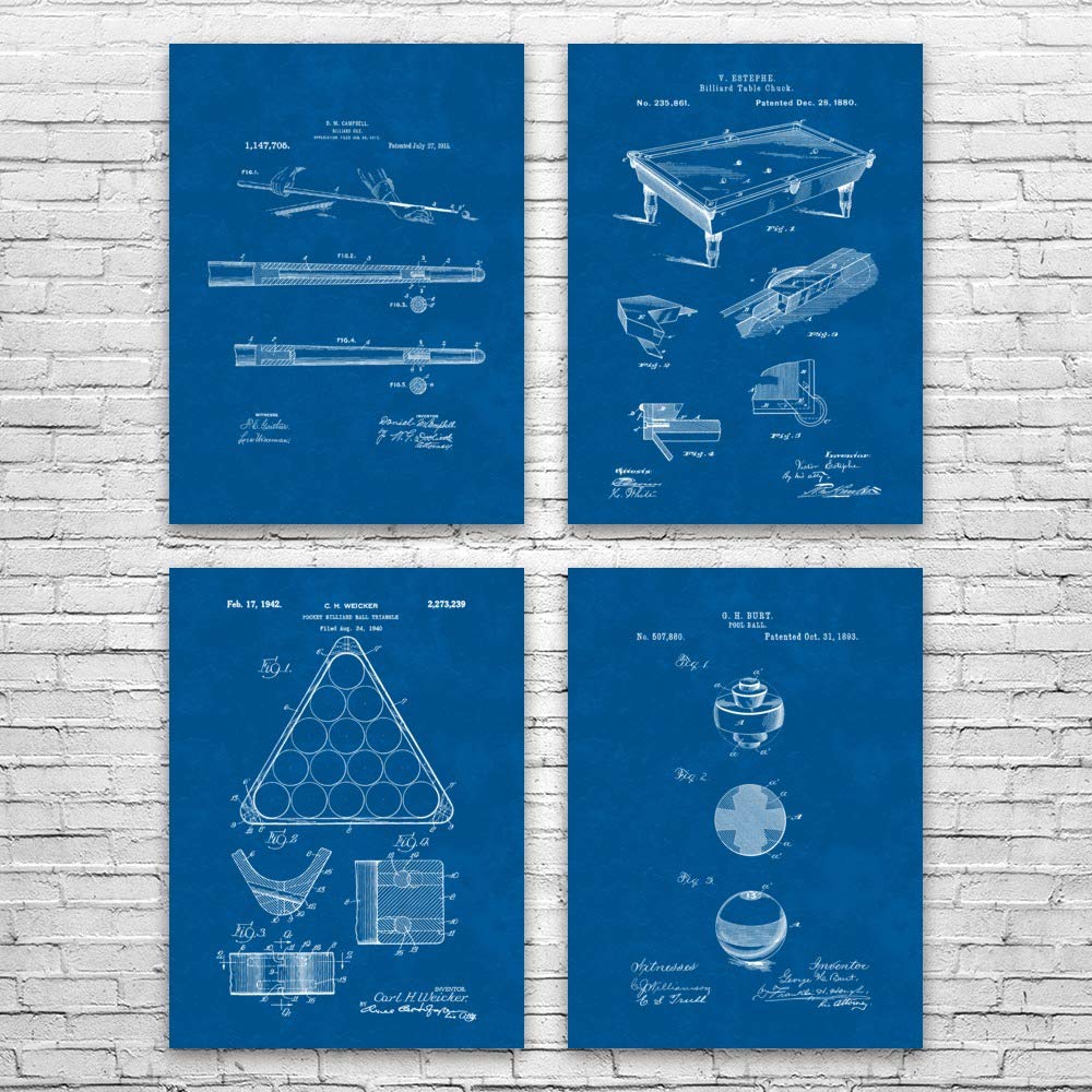 Premium Set of 4 Patent Earth Pool Billiards Posters - 8x10 Inch Blueprint Wall Art for Pool Players | Perfect Gift for Billiards Enthusiasts & Pool Hall Decor | Ideal for Game Rooms, Man Caves & Sports Bars