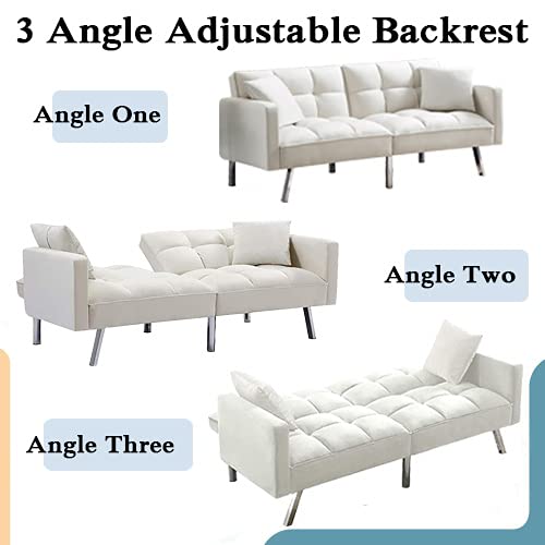 Velvet Convertible Futon Sofa Bed with 2 Pillows - 3-Position Adjustable Backrest, Modern Loveseat with 6 Sturdy Metal Legs for Living Room, Bedroom or Small Space (White) - Perfect for Guest Sleeping, Apartment Lounging & Studio Living