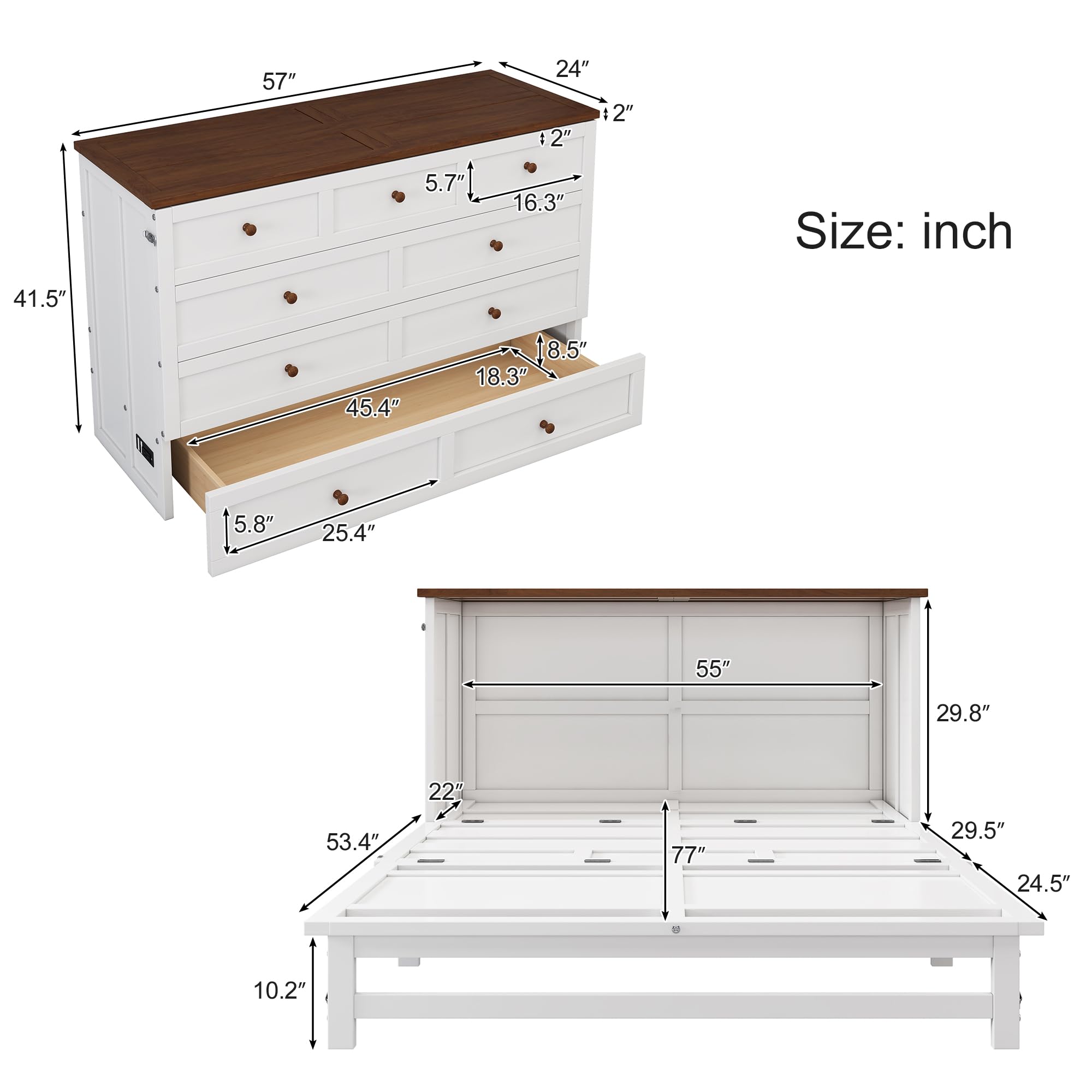 KLMM Full Size Murphy Bed Chest - Multi-Functional Wall Bed with USB Charging Station & Large Storage Drawer | Space-Saving Solution for Small Apartments, Home Offices & Guest Rooms