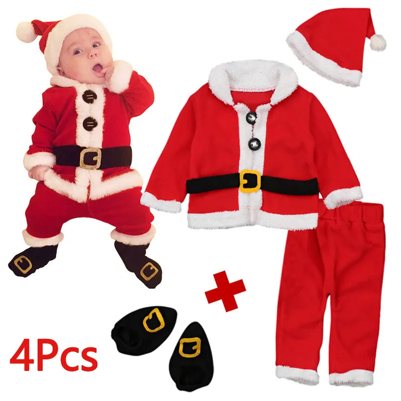 4PCS Christmas Santa Claus Plush Outfit Set - Newborn Baby Boy Winter Fleece Top+Pants+Hat+Socks - Warm Holiday Costume for Infants & Toddlers - Perfect for Christmas Parties, Photo Shoots & Festive Celebrations