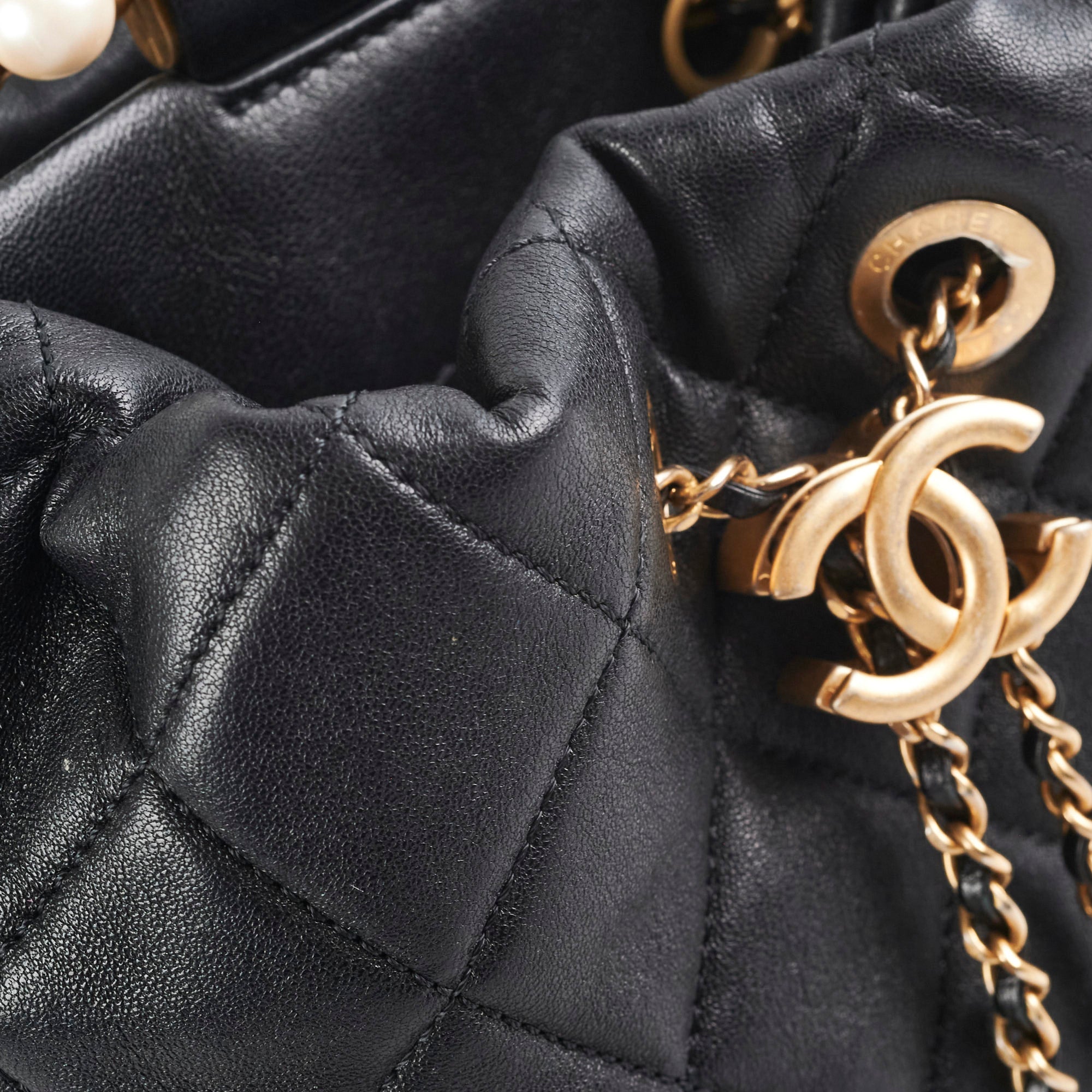 Chanel Black Lambskin Pearl Top Handle Bucket Bag - Luxury Designer Handbag for Women, Perfect for Evening Parties & Special Occasions