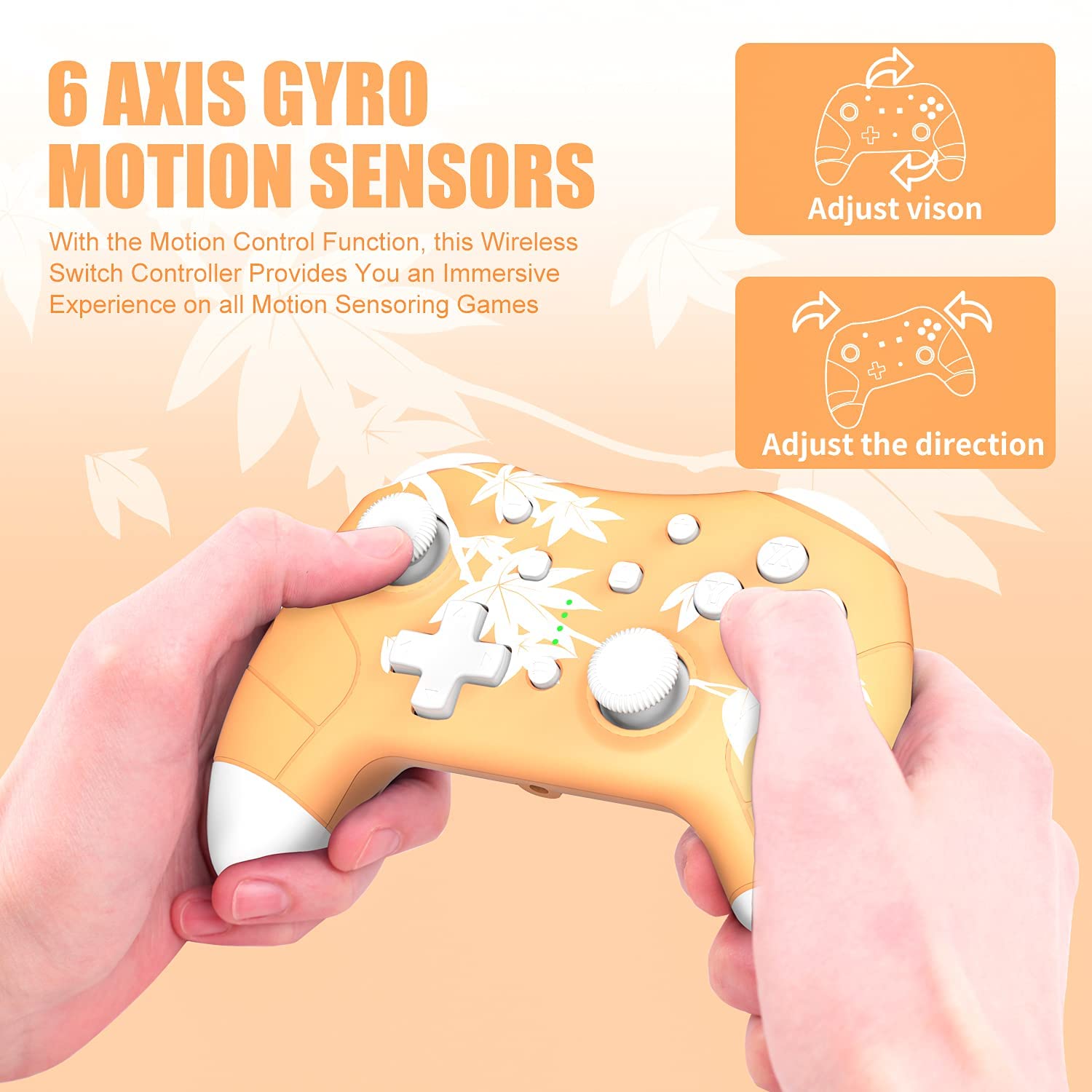 Mytrix Wireless Pro Controller for Nintendo Switch/Lite/OLED - Cute Maple Leaf Orange Gamepad with Wake-Up, Headphone Jack, Turbo Auto-Fire, Motion & Vibration | Perfect for Gaming at Home or On-The-Go