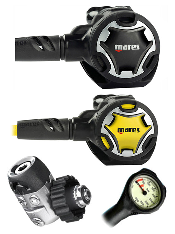 Mares Regulator Set: Dual 15X DIN/Yoke Scuba Diving Regulator with Octopus & Free Thermometer Gauge - Perfect for Deep Sea Diving and Underwater Exploration