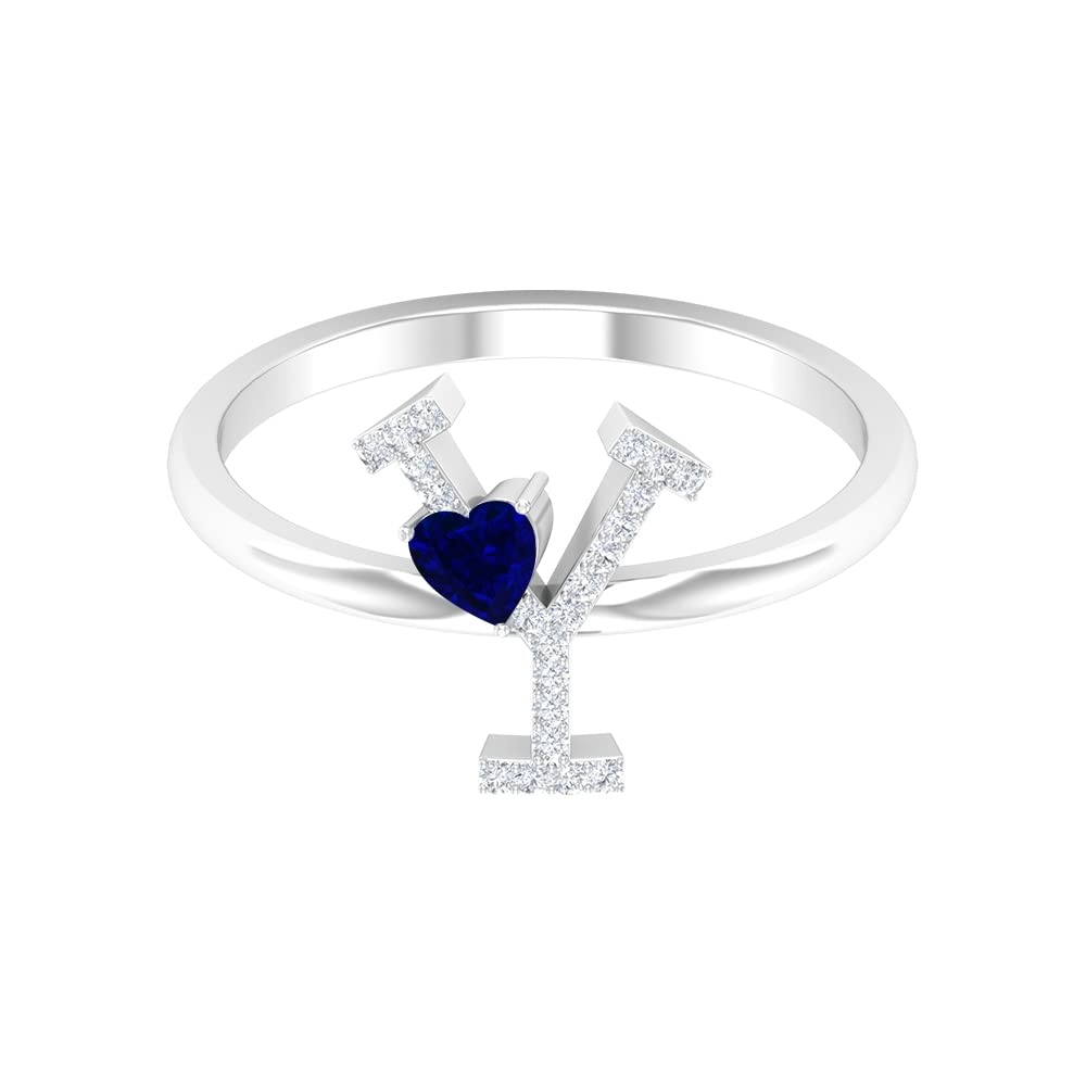 Blue Sapphire & Diamond Rings | Diamond A-Z Initial Rings for Women | 14K White Gold Alphabet Rings | Heart Initial Rings | Perfect for Engagements, Anniversaries & Gifts