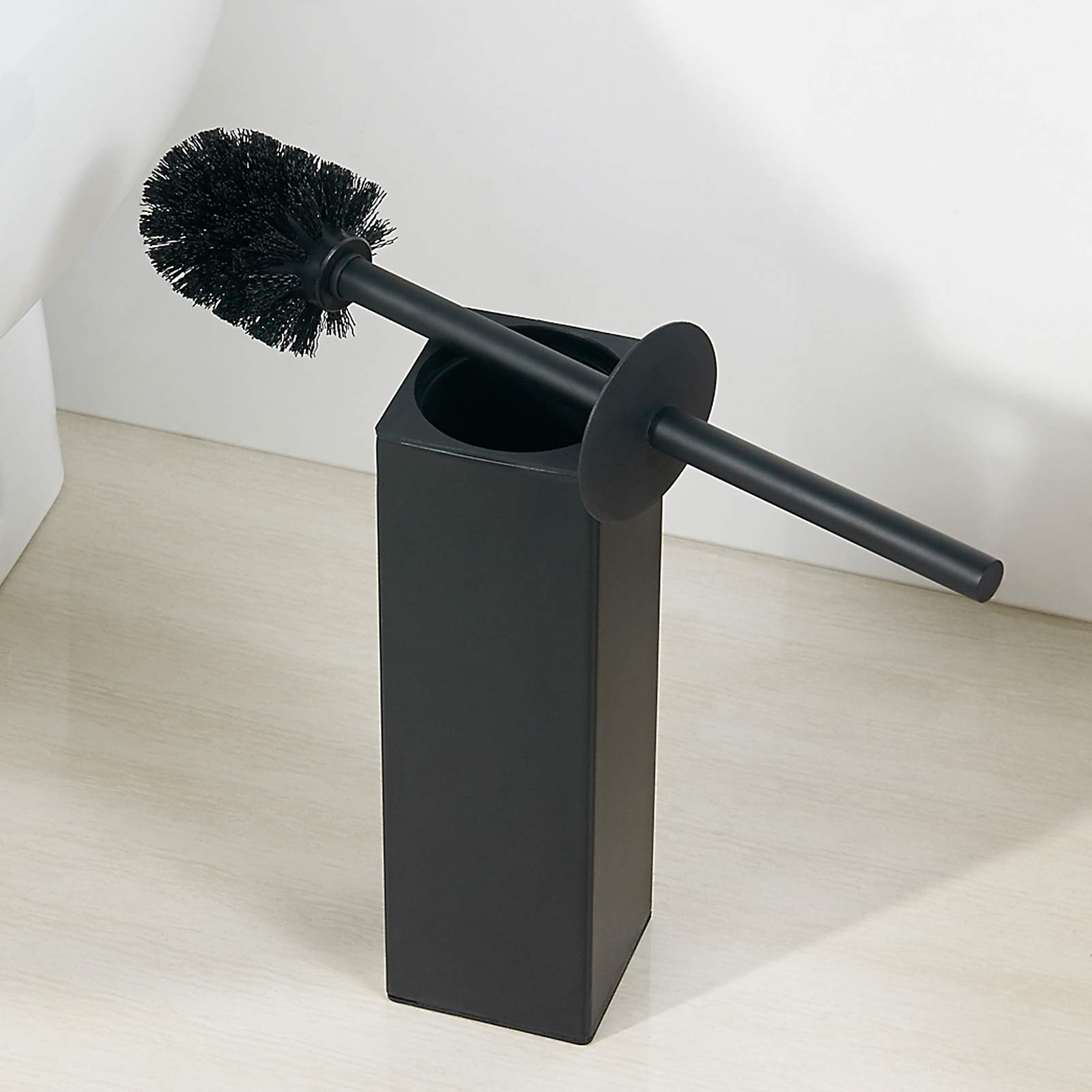 BGL Stainless Steel Square Toilet Brush Set with Holder - 2 Replaceable Rubber-Coated Brush Heads for Bathroom Cleaning - Black - Ideal for Home, Hotel & Office Restroom Maintenance