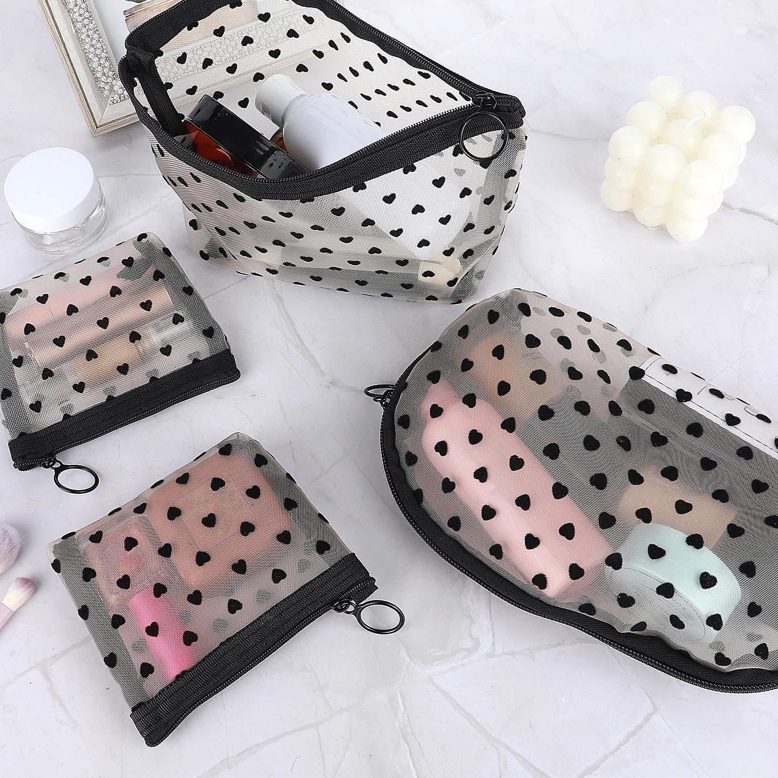 4 Pcs Heart Print Mesh Makeup Bags with Zipper - Portable Cosmetic Organizer for Women | Travel, Home & Office Storage Solution | Waterproof Makeup Pouch for Toiletries & Beauty Essentials