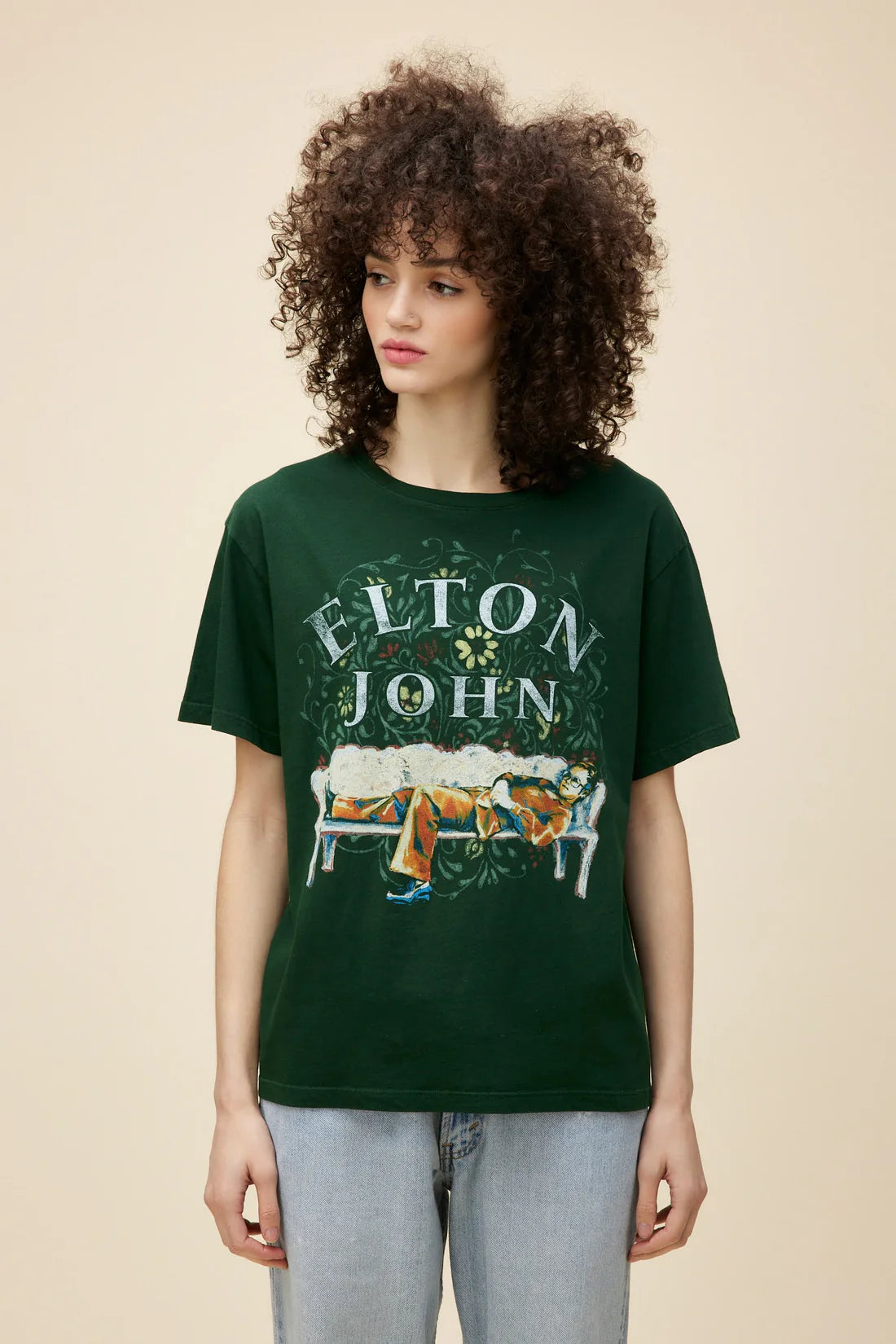 Vintage Green Elton John Floral Boyfriend T-Shirt - Retro Band Tee for Concerts, Music Festivals & Casual Outfits