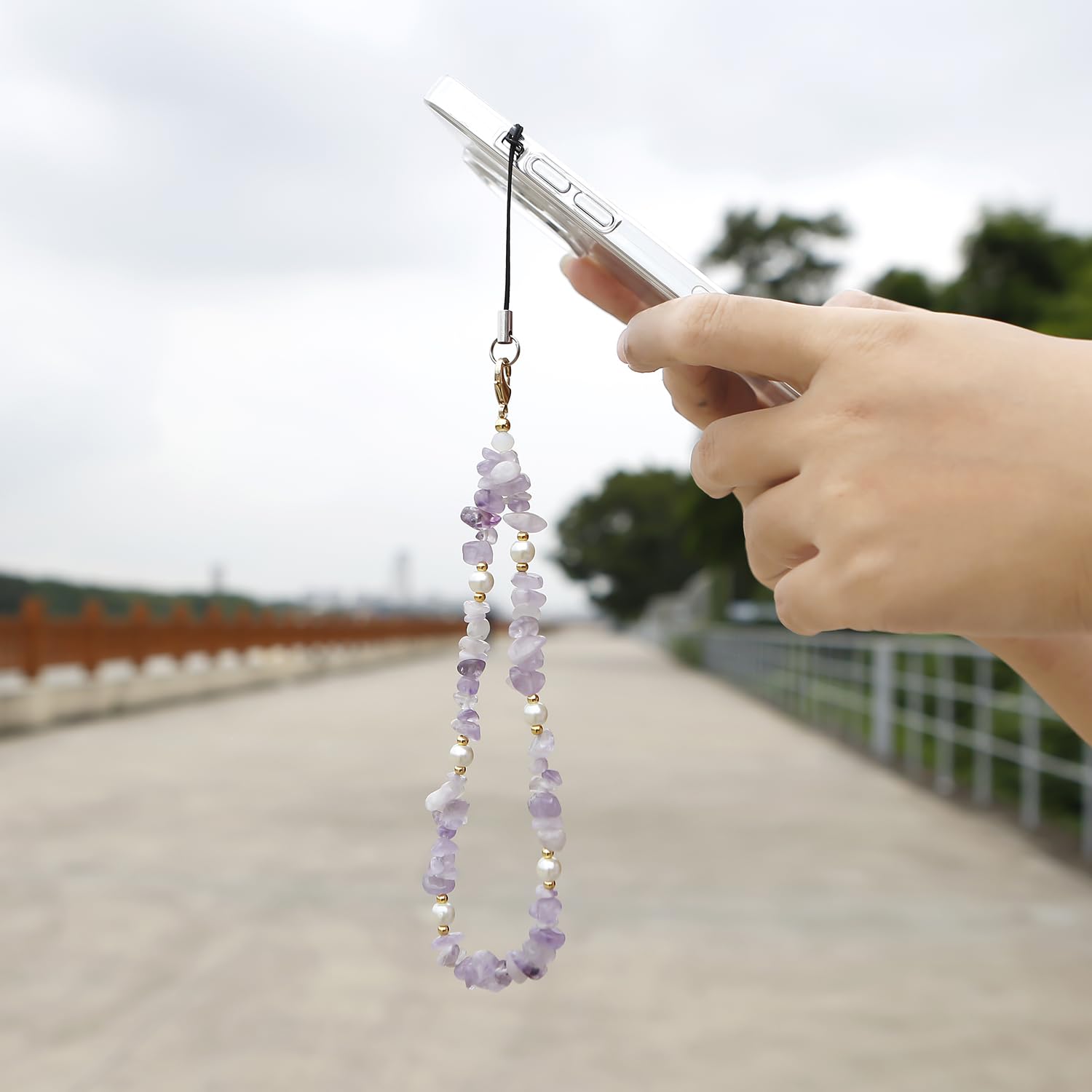 Natural Gemstone Phone Lanyard with Beaded Wrist Strap - Elegant Purple Cell Phone Charm for Women & Girls | Perfect for Smartphones, Keys & ID Cards (Fashion Accessory & Gift Idea)
