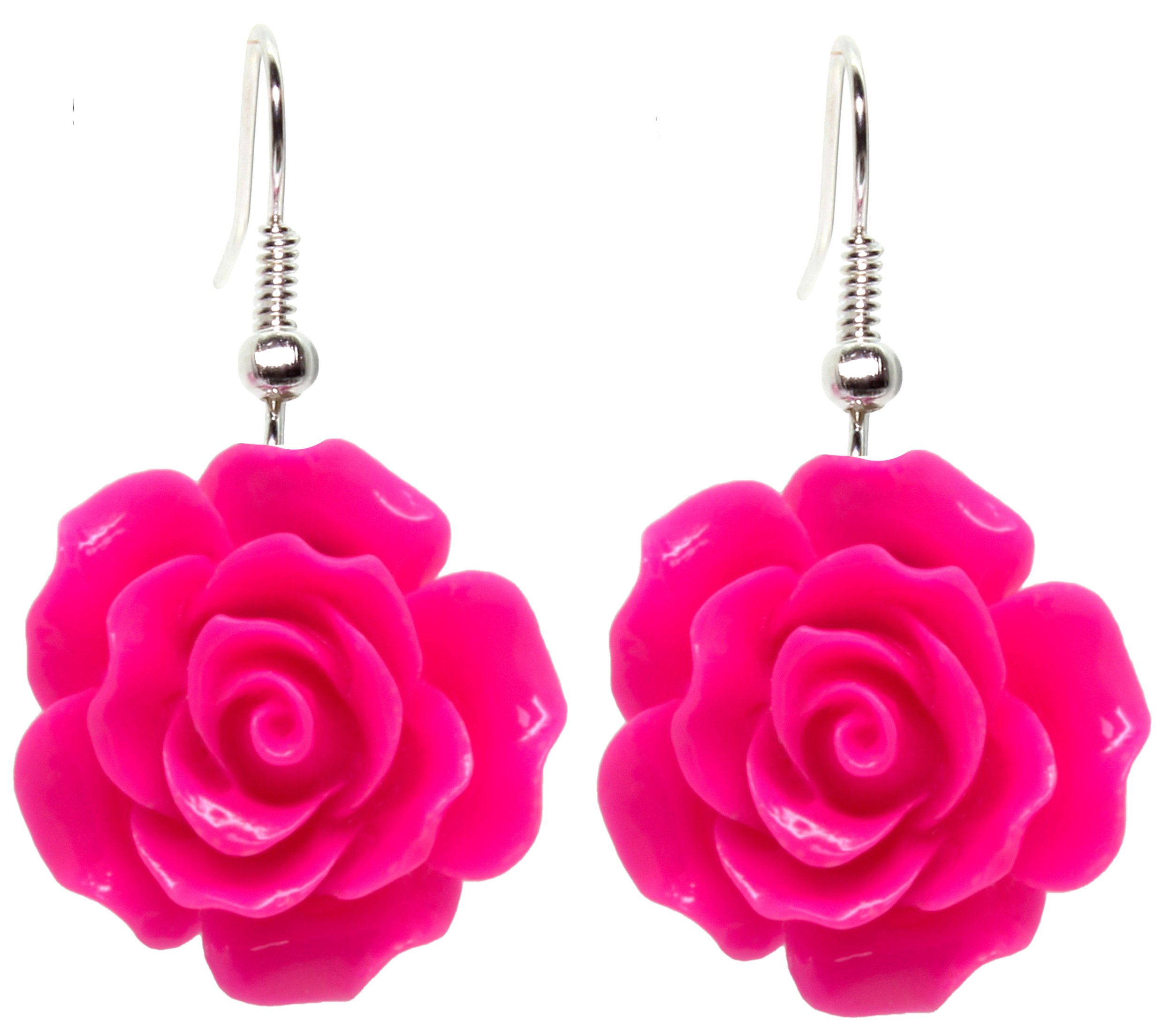Bluebubble ENGLISH ROSE 22mm Hot Pink Carved Rose Dangle Earrings with Gift Card - Elegant Vintage Jewelry for Women, Perfect for Weddings, Parties & Special Occasions