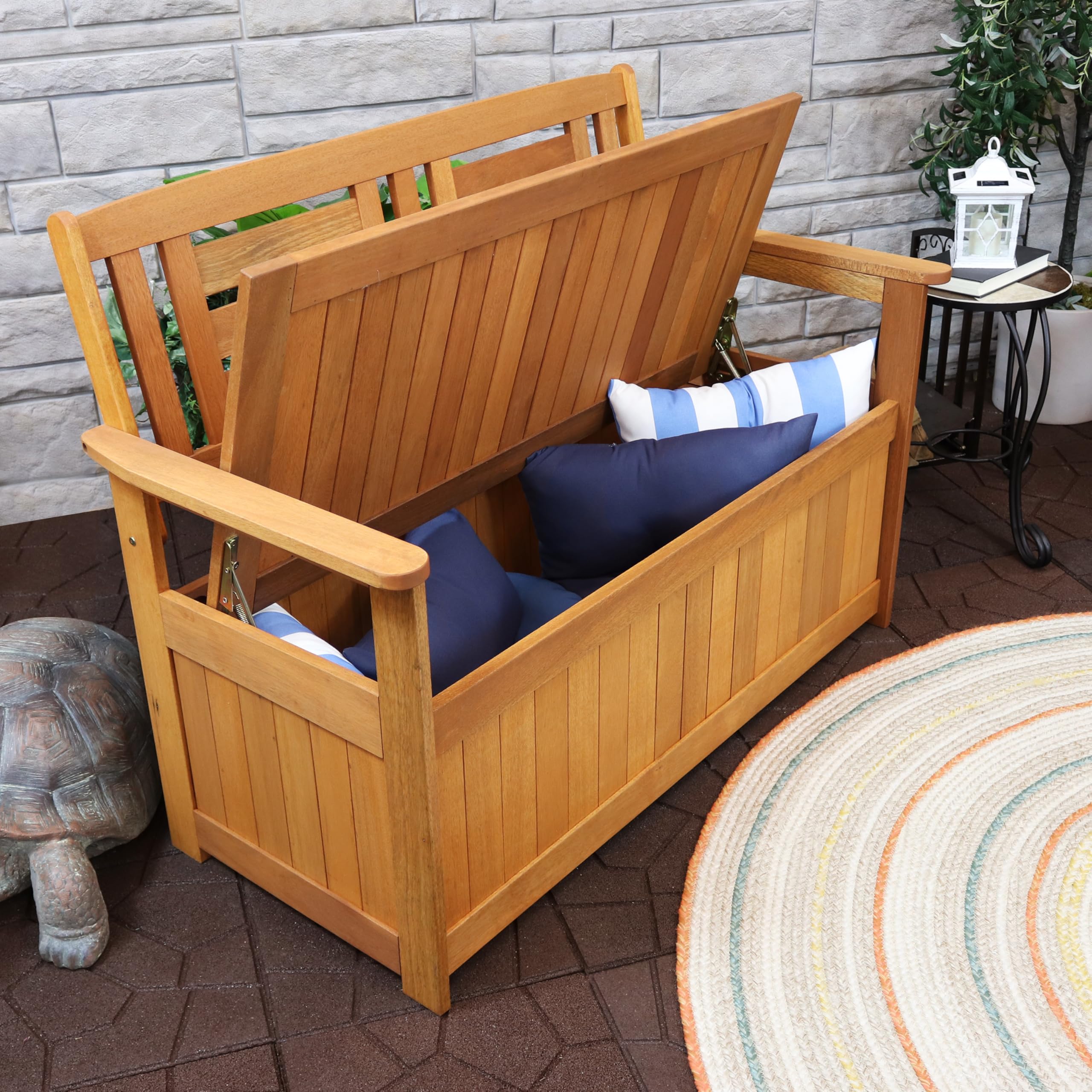 51-Inch Meranti Wood Outdoor Storage Bench with Teak Oil Finish - Weatherproof Patio Furniture for Garden, Deck, and Backyard Seating & Storage