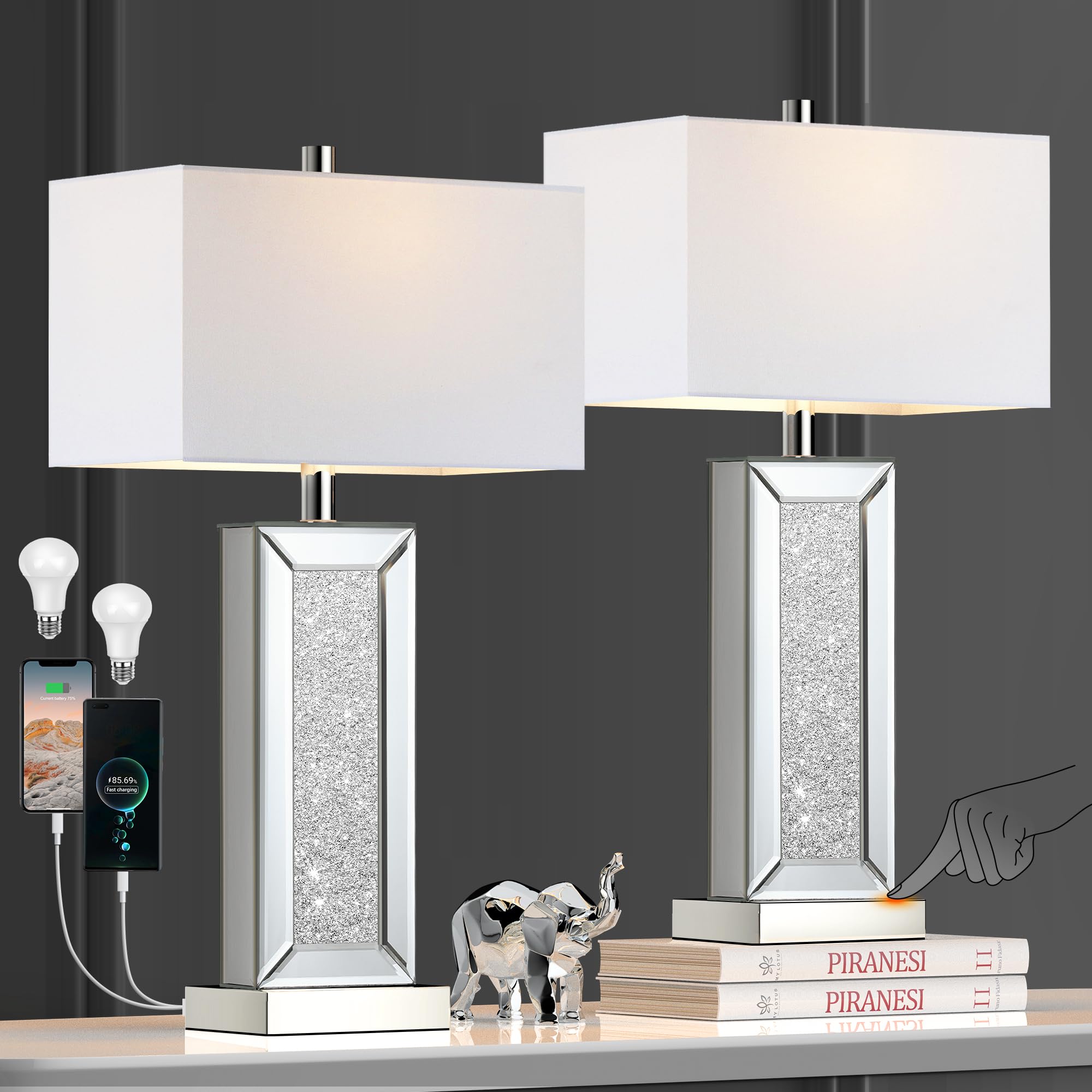 Modern Touch Control Table Lamp Set of 2 - Silver Mirror Diamond Crystal USB C/A Bedside Lamps, 3-Way Dimmable with White Fabric Shade for Living Room, Bedroom, Office & Nightstand Decor | Perfect for Reading, Relaxing & Ambient Lighting