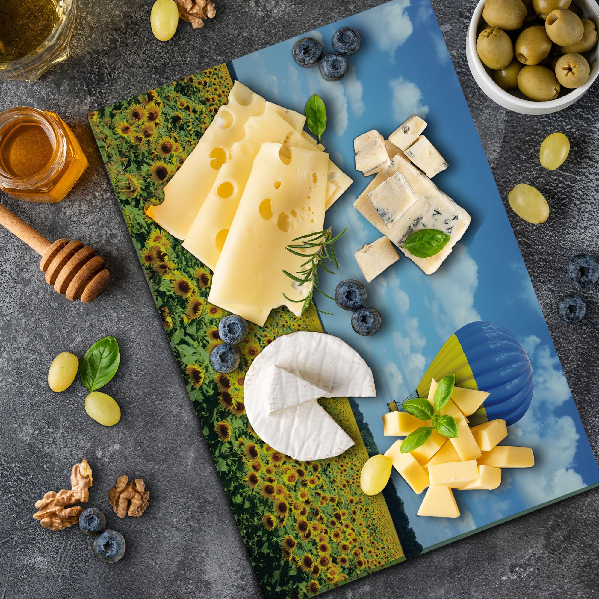 Ambesonne Hot Air Balloon Tempered Glass Cutting Board - Sunflower Field & Cloud Sky Design - Large Decorative Serving Tray for Kitchen, Charcuterie & Cheese Platter - Sky Blue & Yellow Artwork - Perfect for Entertaining, Housewarming Gifts & Home Decor
