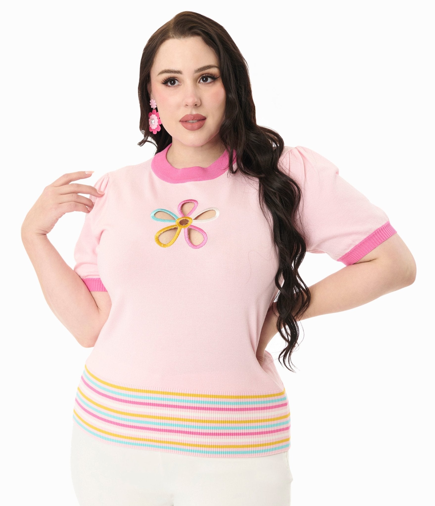 Smak Parlour Plus Size Pink & Rainbow Flower Cutout Sweater - Women's Fashion Knitwear for Casual Wear, Date Nights & Spring Outfits