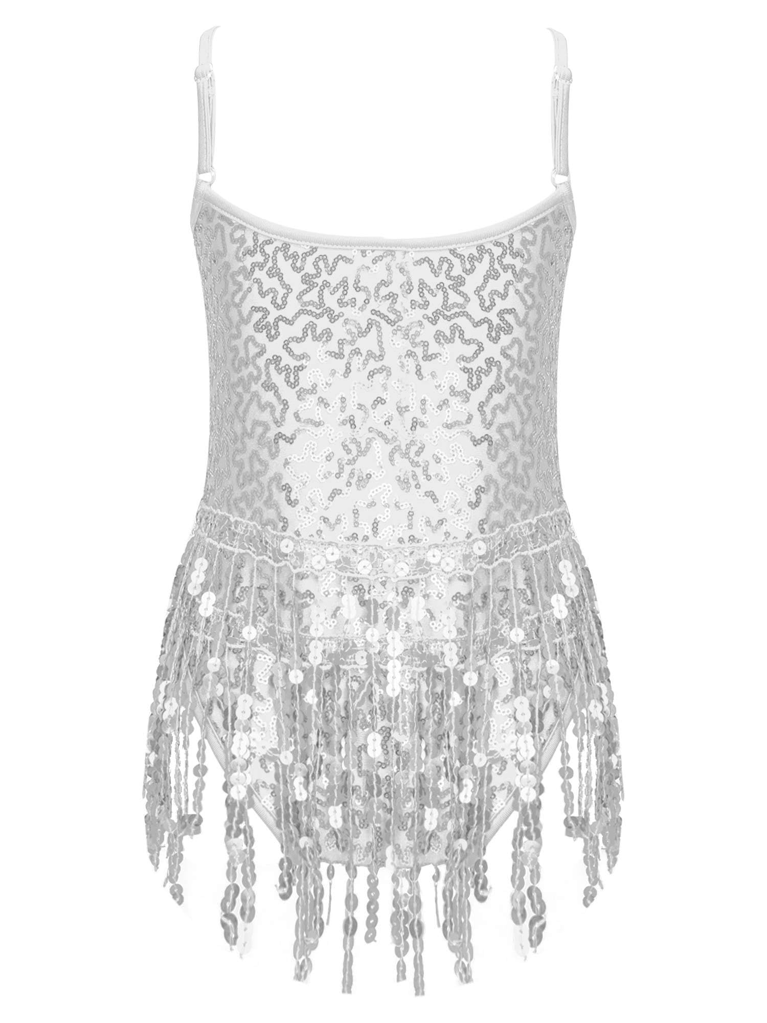 CHICTRY Girls Sequin Tassel Hem Latin Dance Dress - Sparkly Rumba Samba Salsa Jazz Leotard Costume for Kids Performance & Competition