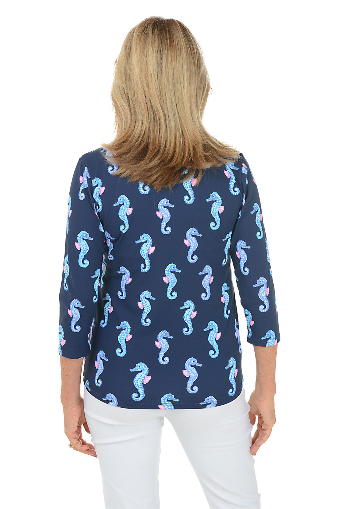 UPF50+ Navy Seahorses V-Neck Sun Protection Top for Women - Lightweight & Breathable for Beach, Swimming & Outdoor Activities